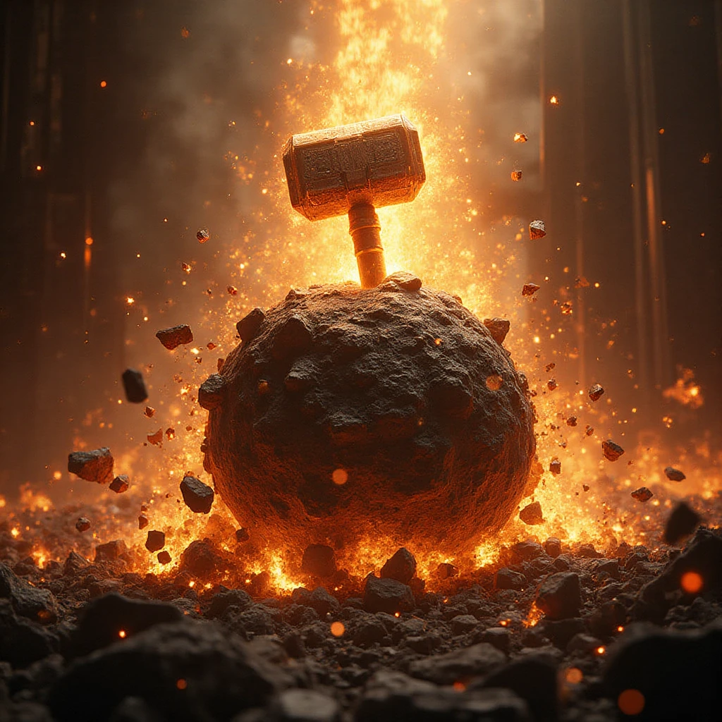 Thor Exploding Rock in a flaming furnace exploding into pieces flying everywhere ...