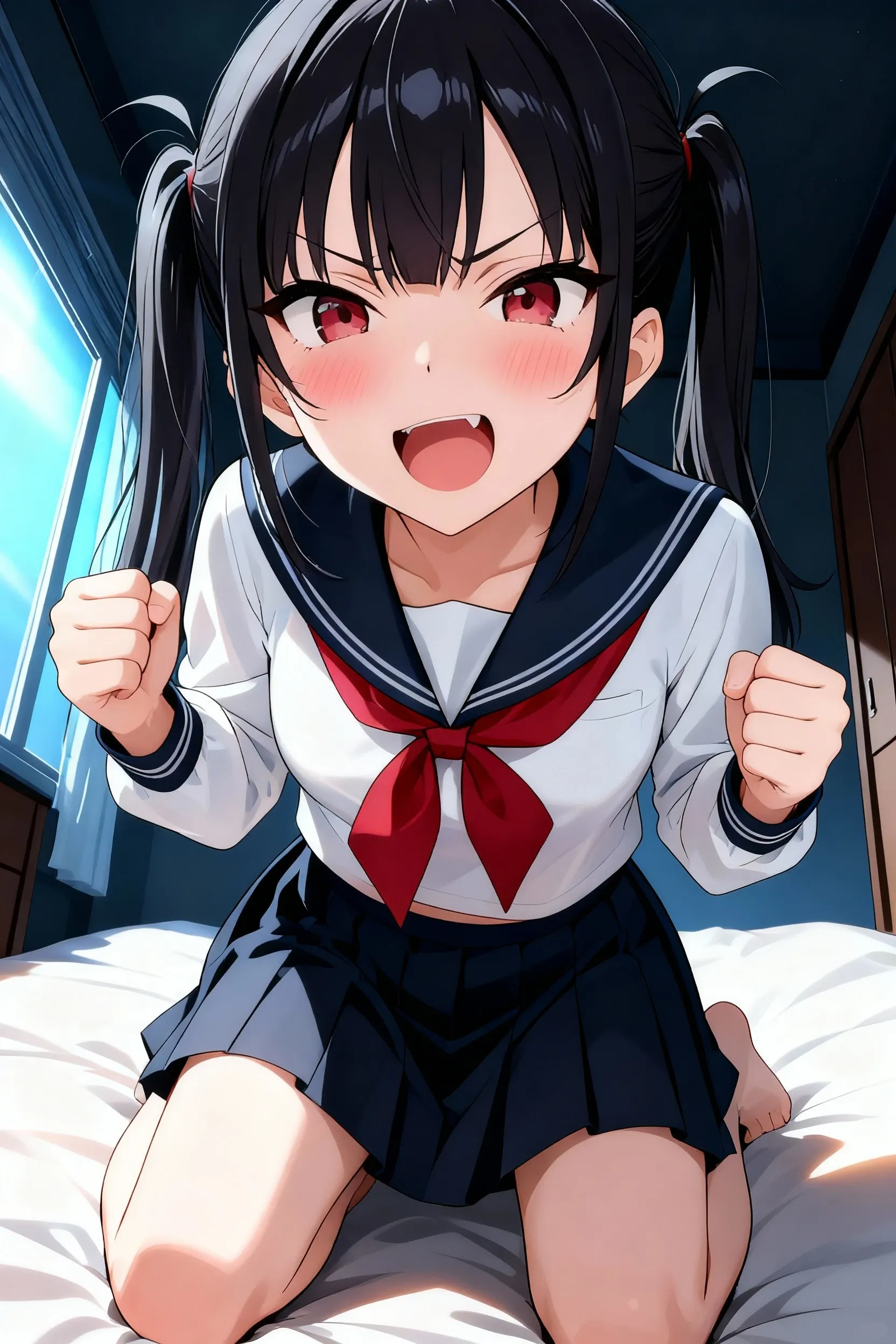 Hands Behind Back,Tied with hands behind back,from front,front view,looking at viewer, looking ahead,from above,cowboy shot,1girl,Beautiful 11 year old girl,Japanese,Slender,,low length,Small breasts,Thin legs,Small Ass,Baby Face,Small face,Black Hair,one side up,Gray Eyes,Drooping eyes,middle School girls,uniform,Short sleeve shirt,Shoulders are out,ribbon,mini skirt,socks,first round,open mouth,tongue out,front face,Kneeling,Straight Stand,Beautiful and detailed anime art,Mischievous smile,Sexy vibe,cum on tongue,Dimly lit room,On the bed,Simple Background,Gray background,Low lighting,