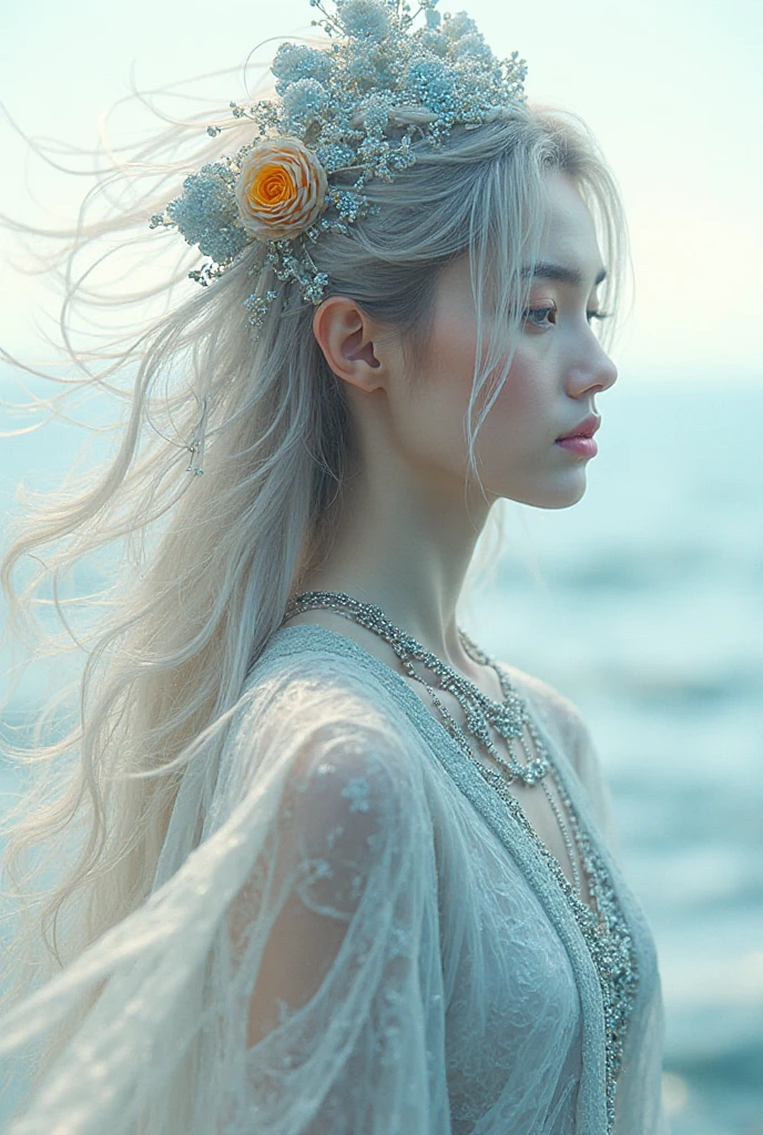 A Korean woman with long hair straight pearl blonde , dark brown eyes and voluminous lashes inside a crystalline river wearing a wet beige dress with pearls , holding a serpent ,And a red flower in two ears