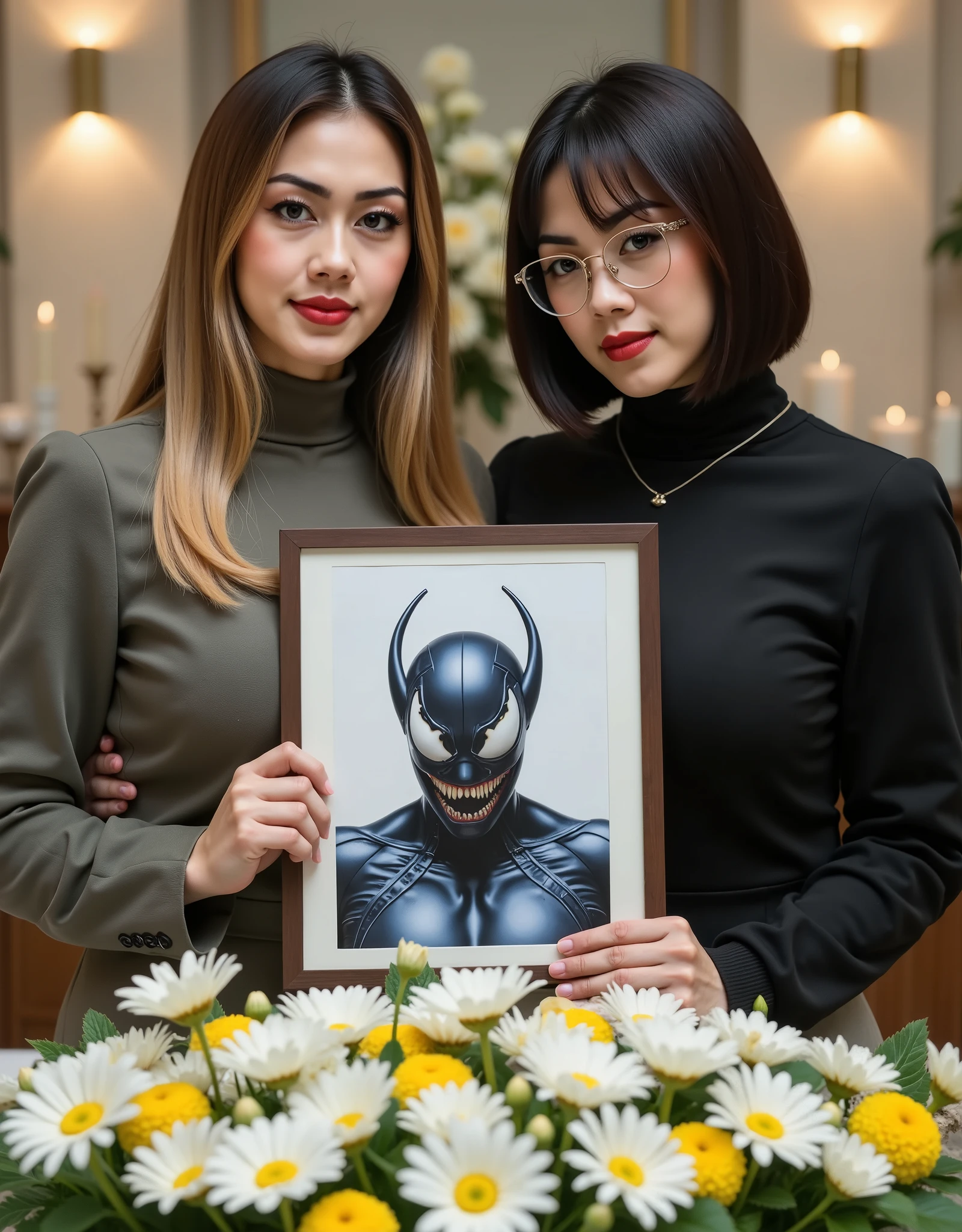Potrait of Two asian women dressed in elegant black mourning attire are standing side by side at a memorial ceremony. They are indoors, surrounded by beautifully arranged white and yellow flowers with green leaves. The background is softly blurred but shows candles and a funeral altar, creating a solemn and respectful atmosphere.
The woman on the left has long, straight, light brown hair with blonde highlights, striking makeup with bold red lipstick, and a calm, composed expression. The woman on the right has a neat black bob haircut with bangs, wears glasses with thin metal frames, and has a delicate necklace.
Both women are holding a framed portrait together. The portrait inside the frame features an illustration of a futuristic or black symbotic marvel character resembling a **the black venom** — metallic blue and silver armor, large red compound eyes, and antennae on top. The framed image is centered above a large bed of fresh white daisies arranged in a circular wreath style, symbolizing remembrance.
The overall composition conveys **a blend of realism and surreal tribute**, where the funeral scene honors a **fictional or heroic figure**. The mood is **solemn yet artistically expressive**, with balanced lighting and a cinematic aesthetic. AR 4:5 -- V7 , -- raw-style , ultra HD .