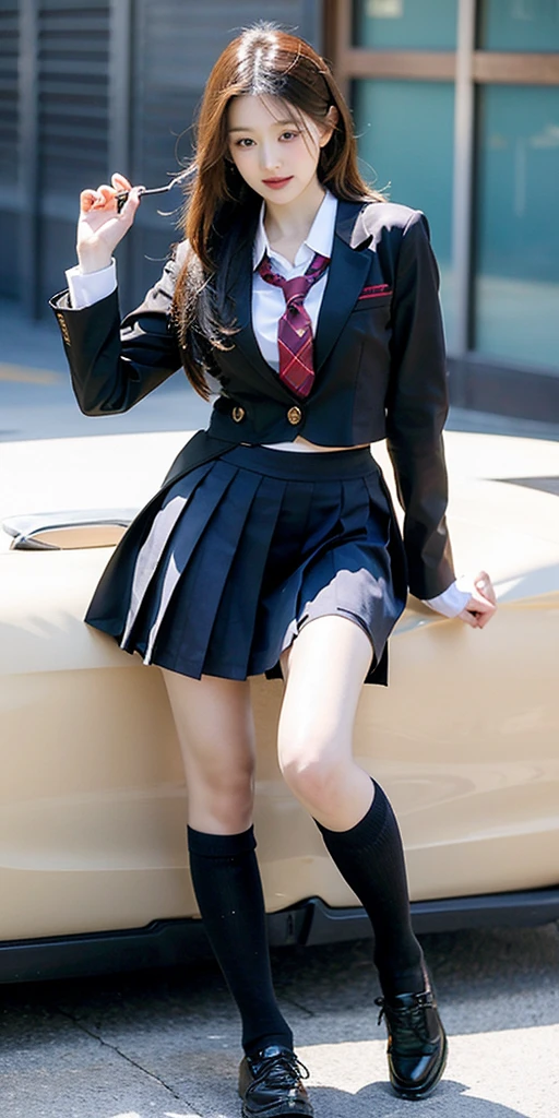 (Raw photo:1.2, Photorealsitic:1.4), Beautiful detailed girl, Highly detailed black eyes, A Japanese Lady, Ridiculous, Incredibly ridiculous,18year old ,Stylish , (hight resolution, Very detailed, Best Quality, masutepiece), Healthy body, ((Japanese girls' high school uniform)),springtime , Bruises,(perfect anatomia,Beautiful limbs), stairs at school、Silence,Idol , amazing, (C Cup:1.4, masutepiece, Best Quality,Gravure photography , )、Light on Face, Cinematic lighting, 1girl in,Professional filming, ((artistic)), ((Dynamic Pose))), (Perfect raw legs、Shining thighs),