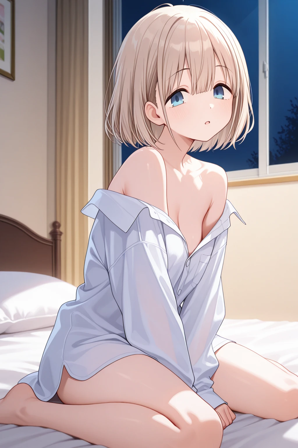 1 girl in、Cute Beautiful Girl、((Show off your thighs))、((oversized white shirt))、(barechested)、Striped panties、no-bra、(a blond)、((11 year old))、bob cuts、being thin、Childlike figure、lightsmile、on the beds、top-quality、Realistic background、photos realistic