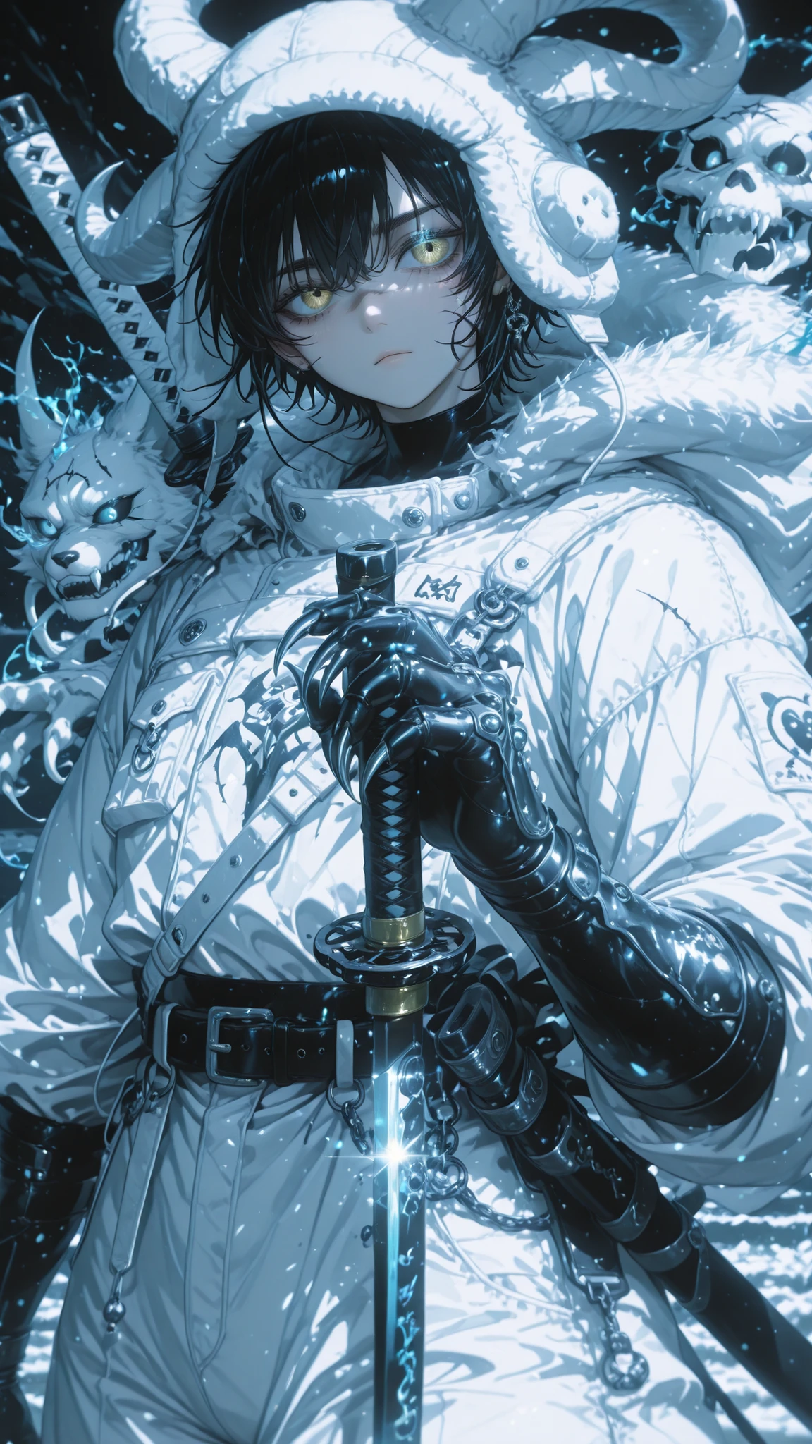 boy with black hair and yellow eye with a scar on his cheek wearing a leather white fur Co at with the belt the bottom bontan pants. wearing a white aviator hat wearing blue and black nanotech gauntlets with bones protruding from them and claws holding a katana, have a face face is covered in Black ink revealing pure white eye with a bony demon week and a horn,R1 style,Detailed saturation and color,ma0ma0_0 style,artist style,gachiakuta cover art style,