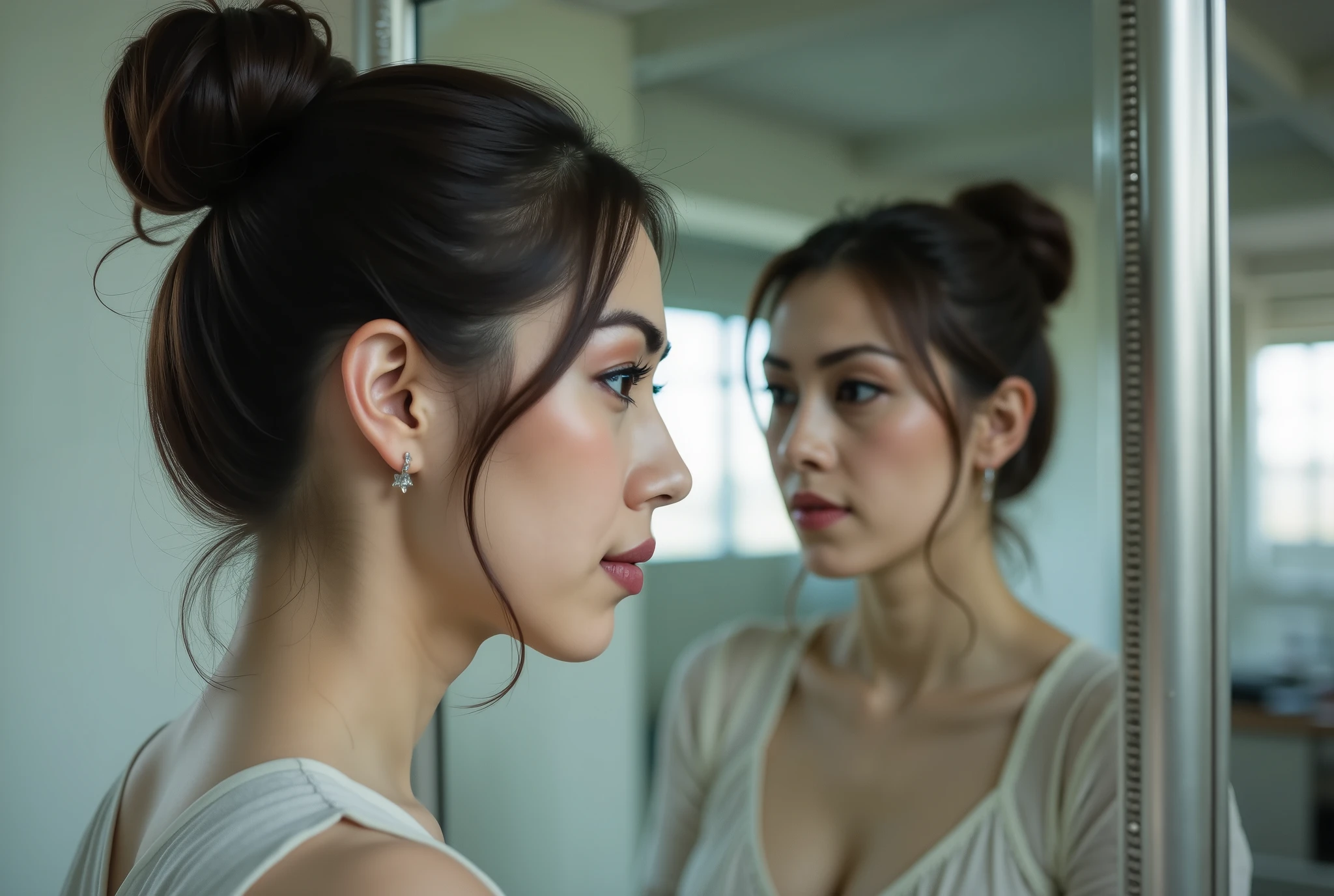 A side portrait front the silver frame mirror , side profile asian photo and perfect reflection on the mirror, photo taken from her side, no shadows on her face, bright lighting, abandoned terminal broken space background, subtle backlighting, hair is tightly tied in a hairbun, no strand hair, ar 3:2 , raw-style , ultraHD ,
