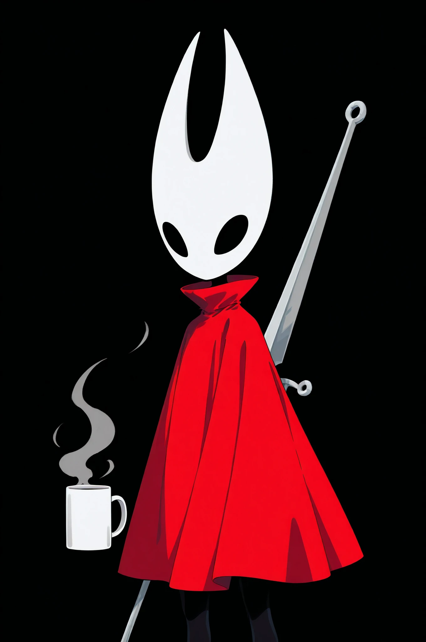H0r1et, mask,,red cape,,sword,,weapon,,mug, pop art, digital vector illustration, black background, masterpiece, absurdres