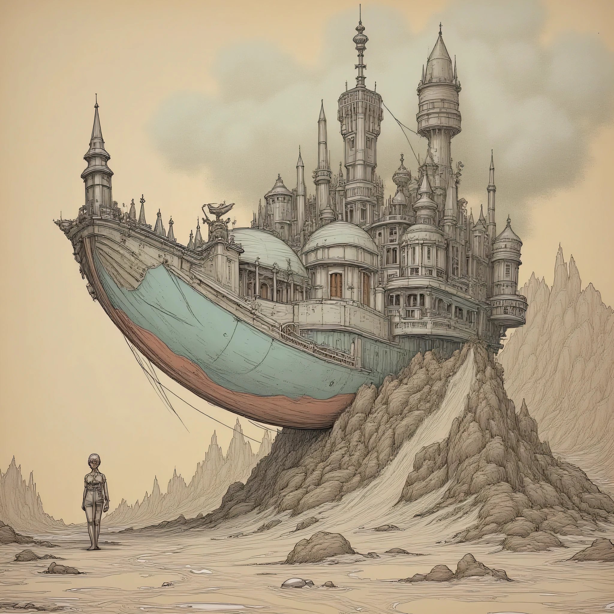 capolavoro, best quality, extraordinary quality,molto estetico,absurdres, most recent , Woman standing on an unknown planet, wreck of a spaceship shaped like a gondola behind her, looks out at the galaxy with a thoughtful air, futuristic spacesuit, Burano's blown glass helmet, gondola stalls near her, sofferenza, atmosfera onirica, detailed illustration