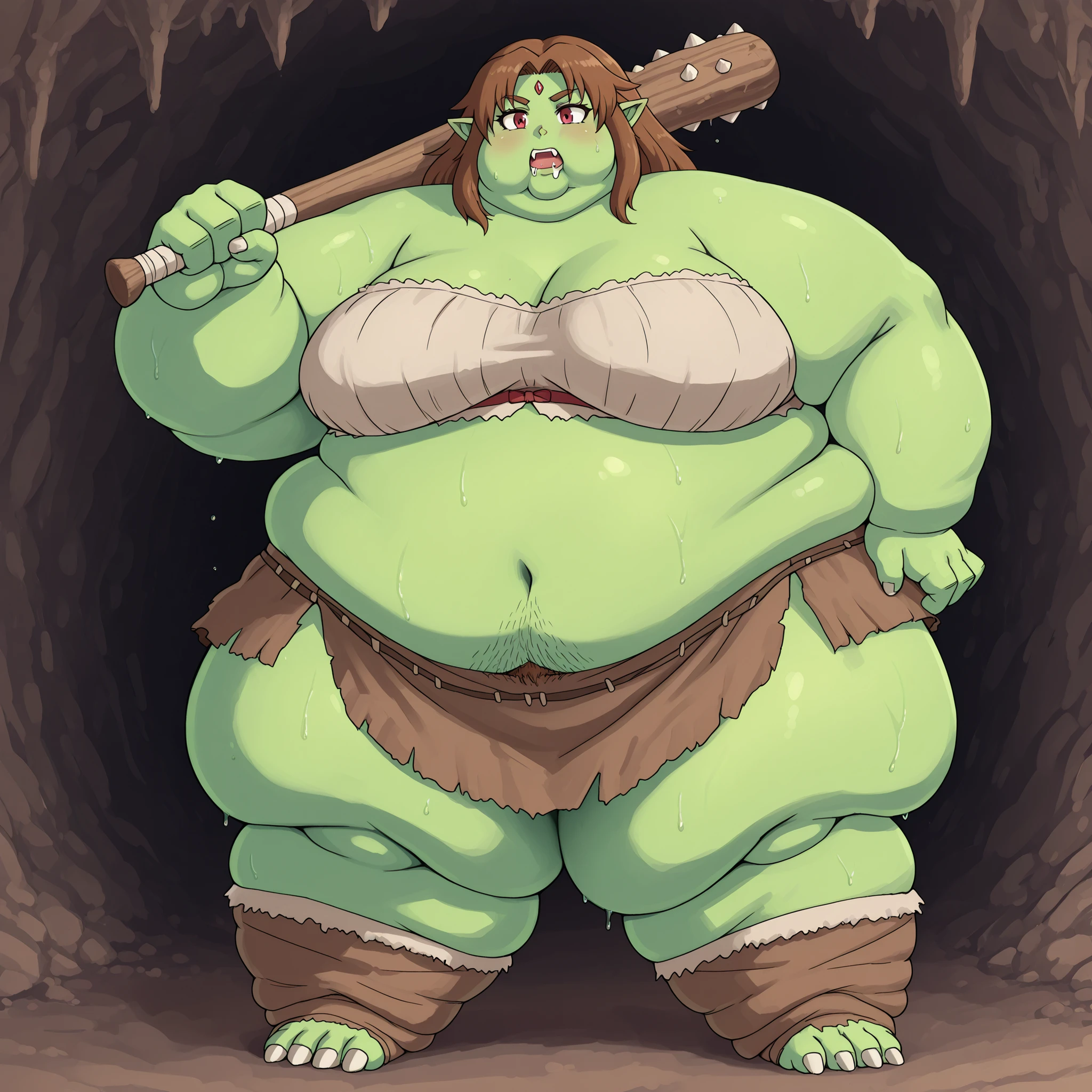 Becoming a orc, monster, Orc, Female Orc, green skin, tusks, Orc, fangs, 1girl, scarlet eyes, breasts, brown hair, fabric clothes, loincloth, blank_stare, empty_stare, fat, chubby, obese, gigantic arms and legs, large breasts, sweating, wet body, swollen face, Fat_neck , Fat head , eyes with crushed cheeks , nose with crushed cheeks , mouth with crushed cheeks , chin roll,
only head, large head, oversized limbs, large hands, large feet, oversized feet, oversized fingers, big lips, plump lips, fat face, fupa, big fupa, fat fupa, in a cave, open mouth, drooling, pubic hair, hairy, holding a club, holding a weapon