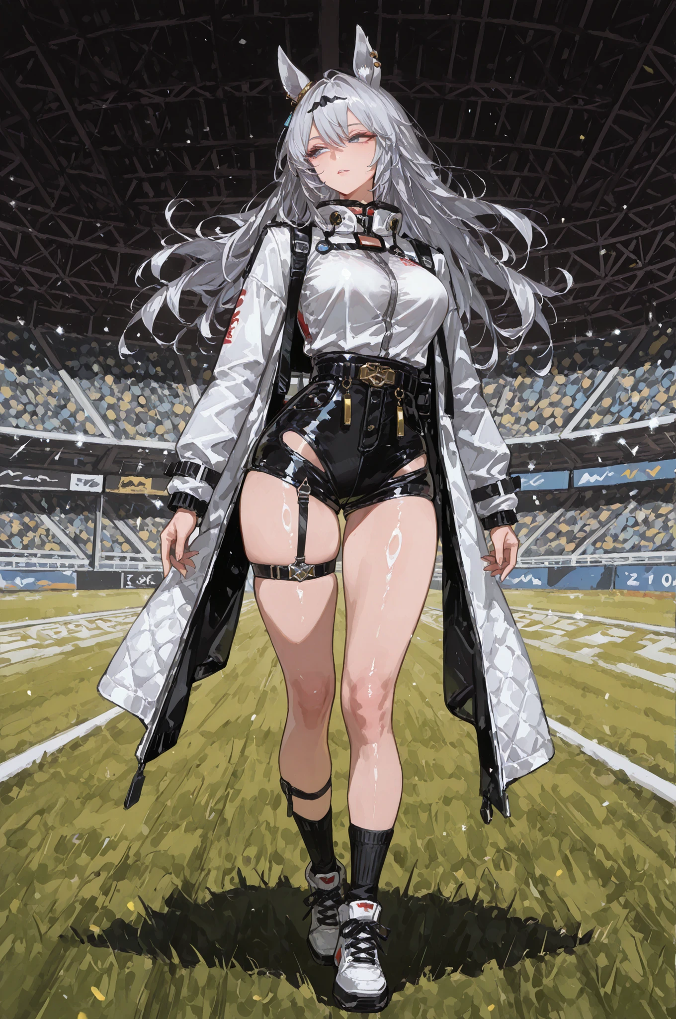 lawnの上、racecourse、緑のlawn、新緑のlawn、、Yee Xuan、collapse Starrail、Racecourse、Uma Musume、horse ear、Jirio Mahonoko、 A sophisticated eye 、Full Body、GBF_style、748cm style、32K、Semi Realistic、  super detailed description on the front 、art work、Original Work、 Detailed Color、 detailed eyes、 detailed face 、Detailed Eyes、detailed eyes、Exquisite eyes, The best傑作、professional job、Beautiful , Lots of Piercings, pop art, shiny skin, realistic skin, The best, long hair under , blue eyes,    cool look, narrowed her eyes, viewers, Silver Hair、lawn、Racecourse、Turf、Race Course 、dynamic pose 、緑のlawn,Racecourse、lawn、Black Knee Socks、緑のlawn、black hotpants、black hotpants、black tights、lawnの上、frustrated、Three-quarter sleeves、3/4 sleeve long coat、white coat、garter belt、Yee Xuan