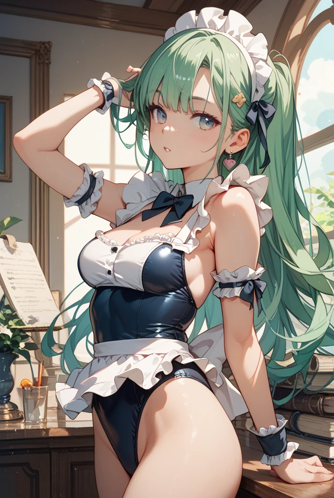 (Girl1),(anime),(young),(beautifulGirl1),(anime),(young),(beautiful),(Hot),(Slim Body),(Mature Body),(Super Busty:1.5),(Long Green Hair & Green Eyes),(1.76 Years Old),(18 Years Old),(White SkinHot),(Slim Body),(Mature Body),(Super Busty:1.5),(Long Green Hair & Green Eyes),(1.76 Height Old),(18 Years Old),(White Skin),(Big ass),(Super pretty),(wearingBig ass),(Super pretty),(wearing),+,(dressed in a  maid costume. The outfit consists of a tight-fitting white apron over a black corset, emphasizing her voluptuous bust and narrow waist. The apron has a deep neckline that exposes a generous cleavage, supported by two satin bows in the center. The corset has long laces at the back, cinching your torso and accentuating your hourglass figure. Her skirt is a short, pleated black number that barely reaches mid-thigh, giving a tantalizing glimpse of her toned thighs and shapely legs when she moves. A ruffled white petticoat peeks out from underneath, adding an extra layer of femininity and innocence to the overall look. On her feet, she wears black stiletto heels with a subtle ankle strap, elongating her legs and making her look even more attractive. Her hair is styled in loose, sensual waves, framing her face and drawing attention to her full lips, painted a deep crimson shade. To complete the look, she carries a feather duster, not as a cleaning tool, but rather as a playful prop that she uses to caress and touch herself provocatively as she moves, subtly hinting at her true intentions beneath the innocent facade of an obedient person. . housekeeper. The overall effect is one of irresistible sexuality and , packaged in classic yet outrageously modern attire.)