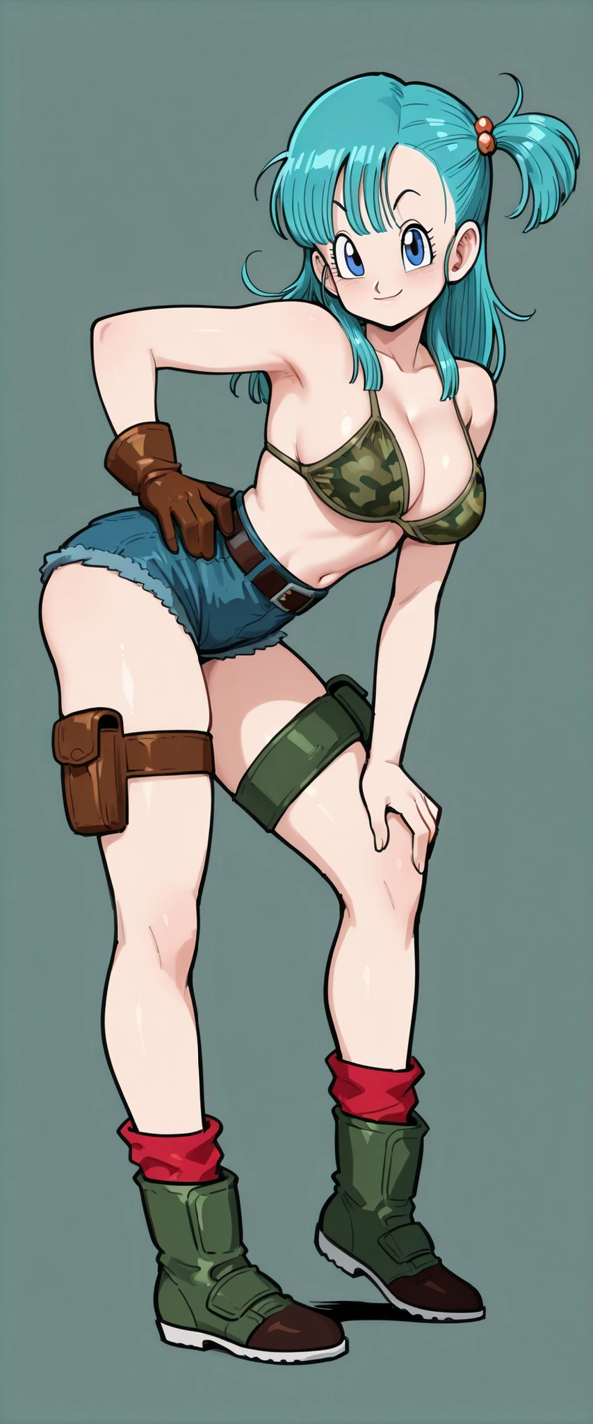 1girl, bulma, dragon ball \(classic\), blue eyes, aqua hair, one side up, hair bobbles, hair ornament, shoulder length hair, blue eyes, , smile,
and shorts outfit, brown glove, single glove, cleavage, camo , top only, belt, denim micro shorts,
thigh holster, leg pouch, socks, red legwear, boots, green footwear,
sensitive,
BREAK open stance, , (contrapposto:1.2), (hand on hip:1.2), elbow up, hand on knee, (shoot from side), looking at viewer, full body,
masterpiece, best quality,