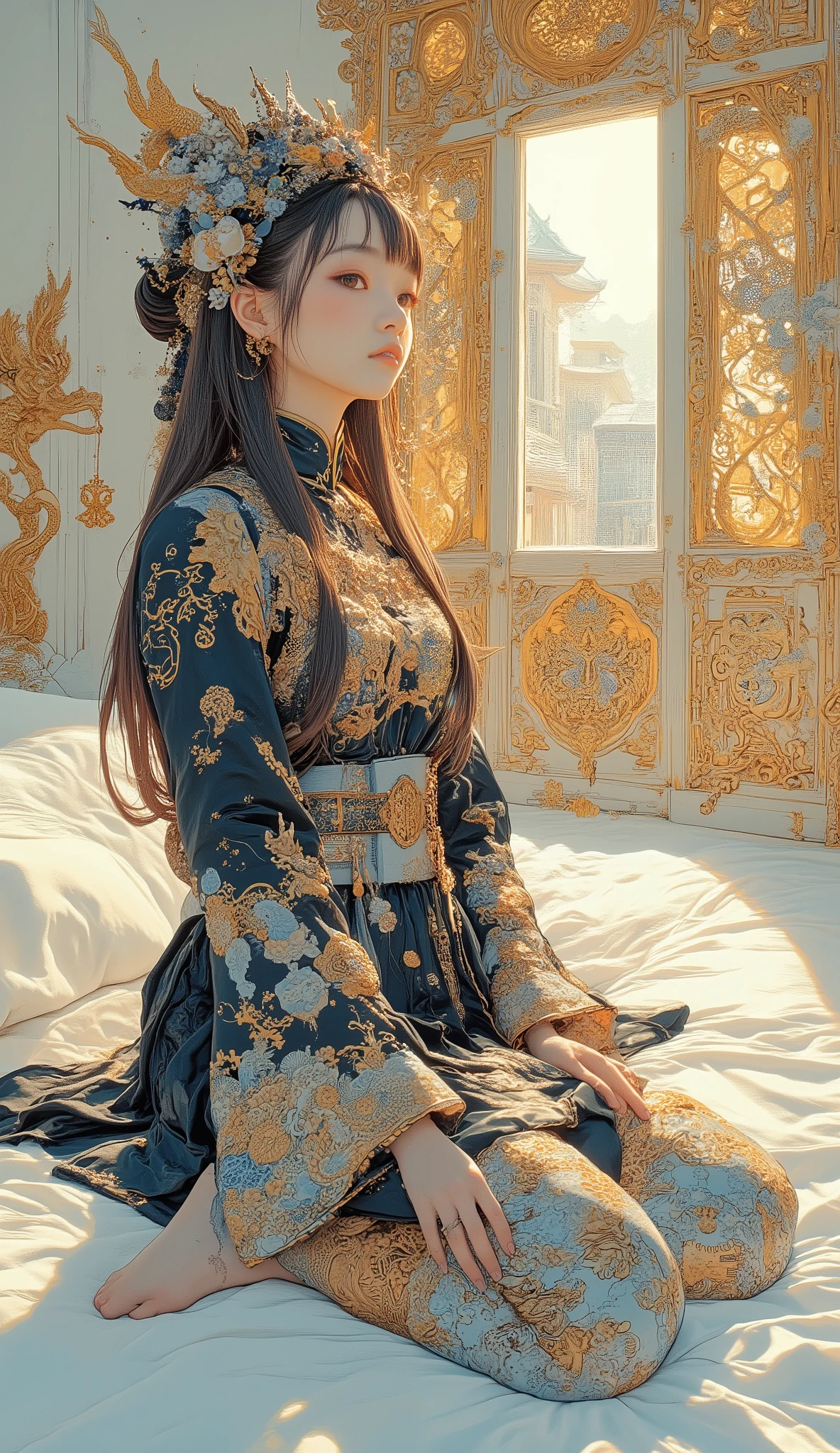 people, , It's a bright room where sunlight shines in. fit the body, and the setting is decorated with intricate patterns, including prominent golden dragon motifs. The fabric is smooth and shiny、casts gentle shadows on white bed linen, beautiful erotic face. people物とその服装に焦点を当てたシンプルなコンテキストを画像に表示しています {x} wearing a dark-colored chipao dress, and accessories with blue accents. 、casts gentle shadows on white bed linen, The fabric is smooth and shiny. The atmosphere is calm and serene, and is soft with natural light. The background wall is plain, kneeling on the bed with legs hidden underneath.detailed hands、A special door with a new dream world, Deep in the magnificent forest. animatrix Zentangle illustration style, From the moment she steps onto the ground, the moment you open it with a key you've never seen before, a dazzling beam scatters from where you stab the key, Commemorative photo of Fractal psychedelic fantasy of future and journey in the space of complex geometric shapes. The color scheme is a vivid light, novel and very advanced combination, Holographic VFX Shapes Dazzle with Light and Motion.