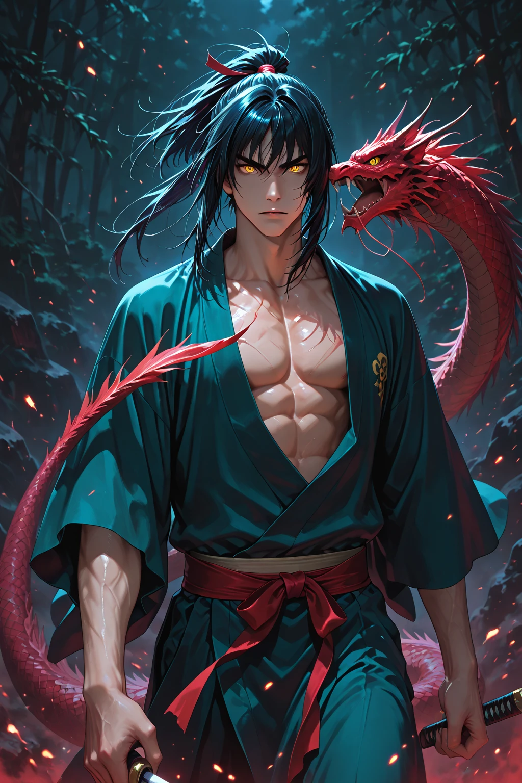 The man with the most muscles cuts a dark violet fire dragon in two with a Japanese katana.
