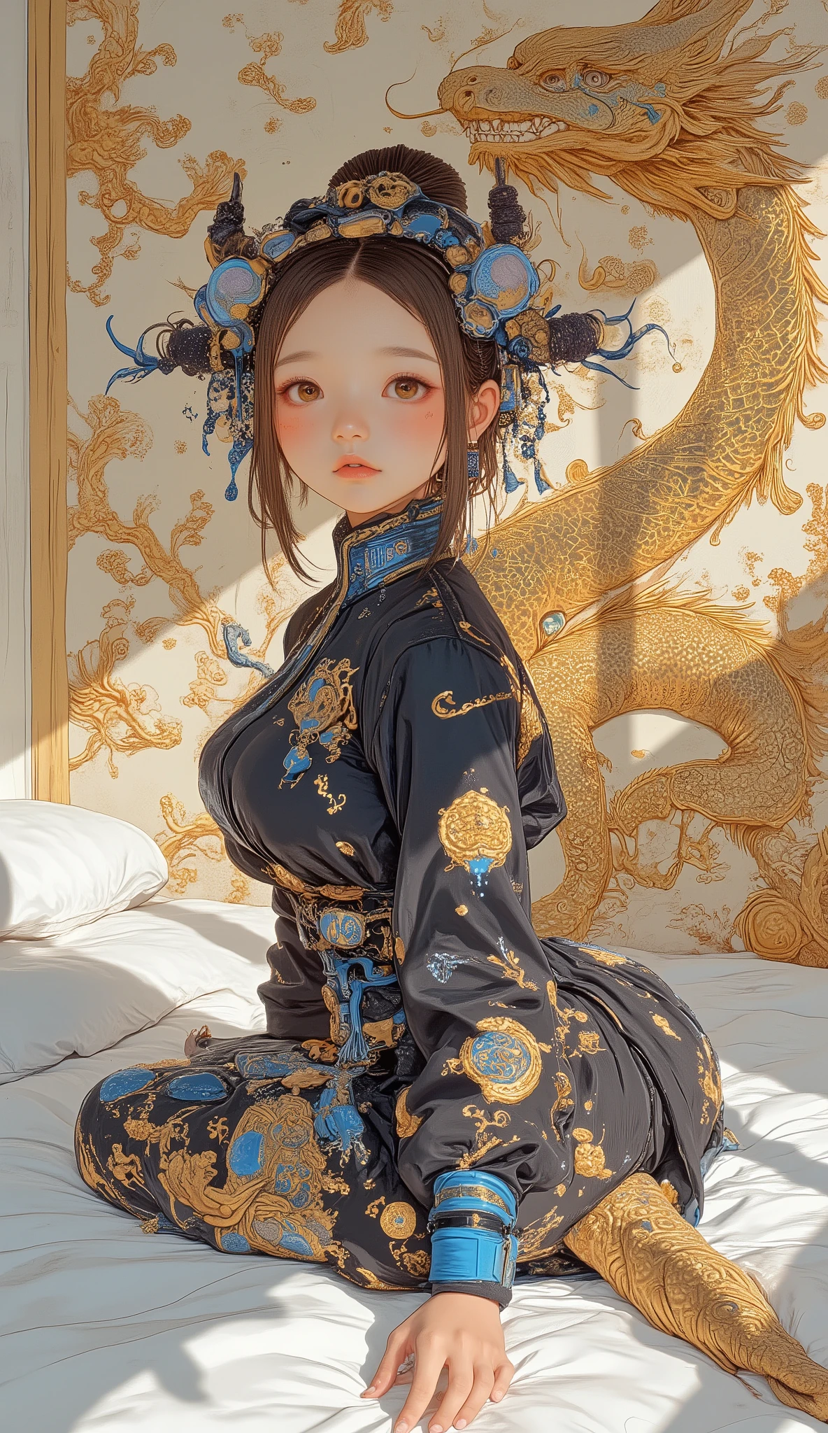 people, , It's a bright room where sunlight shines in. fit the body, and the setting is decorated with intricate patterns, including prominent golden dragon motifs. The fabric is smooth and shiny、casts gentle shadows on white bed linen, beautiful erotic face. people物とその服装に焦点を当てたシンプルなコンテキストを画像に表示しています {x} wearing a dark-colored chipao dress, and accessories with blue accents. 、casts gentle shadows on white bed linen, The fabric is smooth and shiny. The atmosphere is calm and serene, and is soft with natural light. The background wall is plain, kneeling on the bed with legs hidden underneath.detailed hands、A special door with a new dream world, Deep in the magnificent forest. animatrix Zentangle illustration style, From the moment she steps onto the ground, the moment you open it with a key you've never seen before, a dazzling beam scatters from where you stab the key, Commemorative photo of Fractal psychedelic fantasy of future and journey in the space of complex geometric shapes. The color scheme is a vivid light, novel and very advanced combination, Holographic VFX Shapes Dazzle with Light and Motion.
