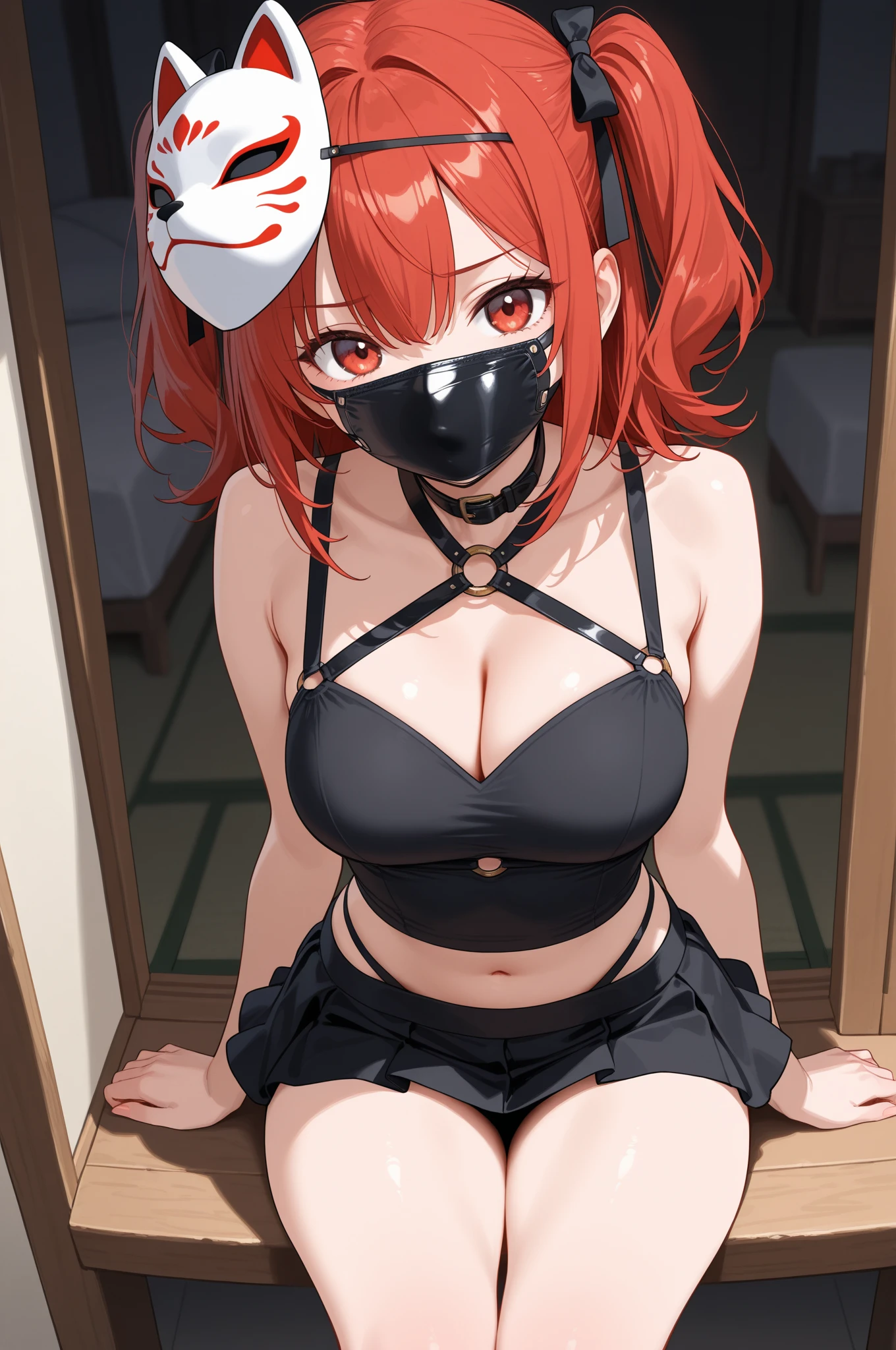 photo of makima \(chainsaw man\) with red hair and yellow eyes and  and a huge  and wearing a black microbikini sitting on a bed of a luxurious hotel room with soft lighting, (mouth mask:1.4) (arms behind back:1.5) ,(muscular with abs), (light skin), (sweating:1.3) ,(beautiful scenery),(perfect face), masterpiece, blush, 1girl, solo, choker, , tied arms, bondage, 