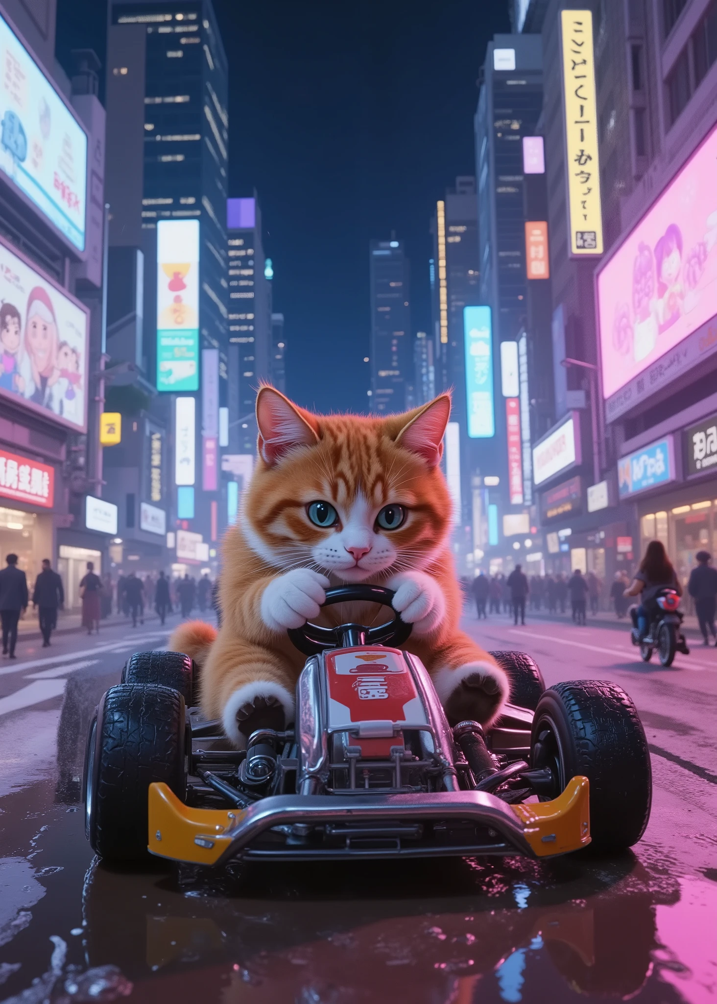 cute cat driving Mario Kart、Shibuya Scramble Crossing、Neon lights of the city、Ad Signage、high image quality、refined、