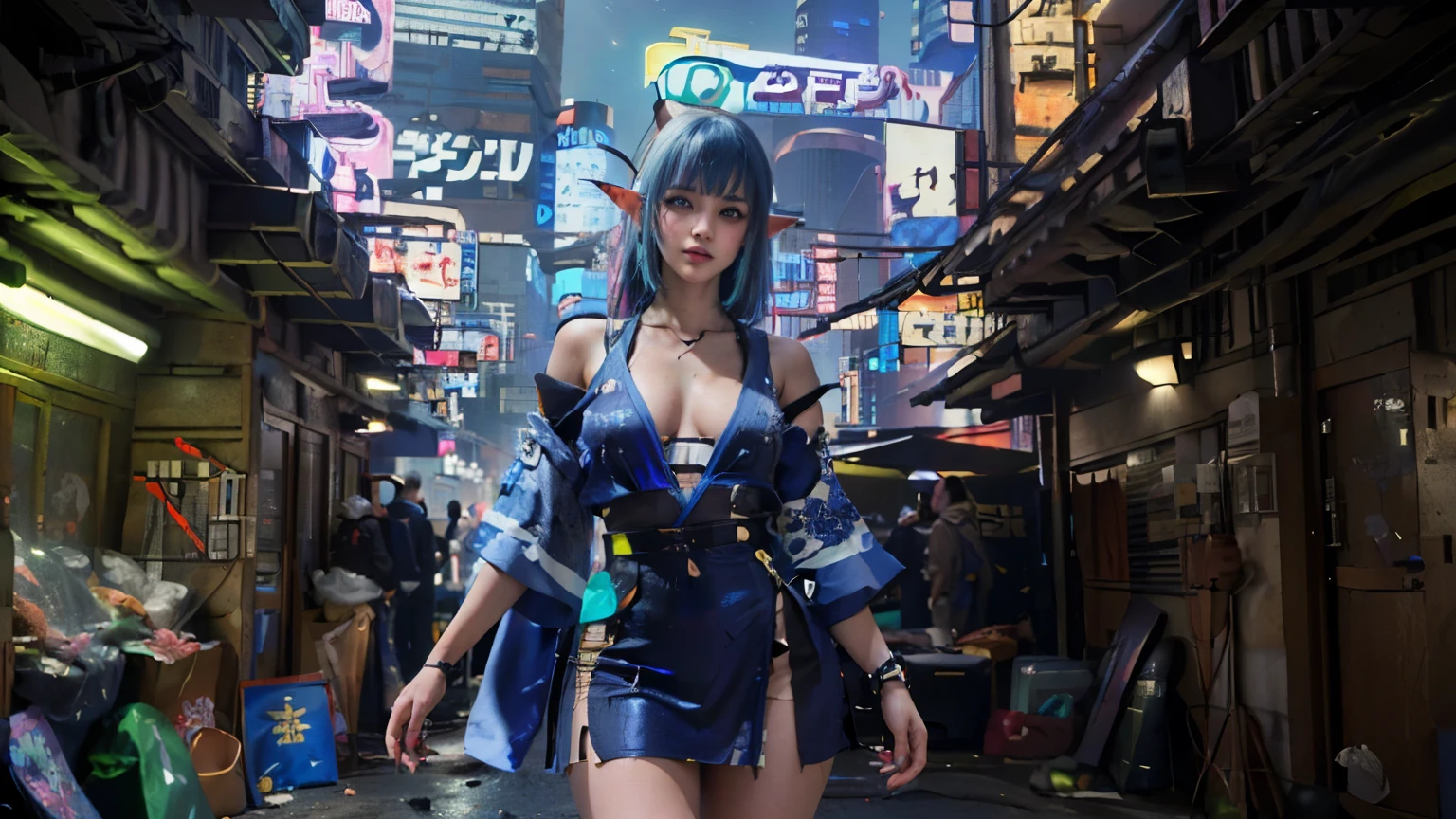 a girl, beauty elf, cool posing, extremely beautiful, strong gaze, whole body shot, shoot from below, (extremely detailed face, closeup, detailed eyes), mischievous smile, cheerful, fair skin, detailed skin, graduation color hair , blunt bangs , perfect figure, seductive body, (beautiful skinny legs, slim thigh ), ((cyberpunk cool kimono style , blue and white cyberpunk kimono clothing, cyberpunk kimono:triangle shaped hole on her chest, thight middle skirt, visible thong straps, (additional future technology gear, neon lighting , glimmer), )), (ultra extremely intricate cool design , detailed description of cyberpunk style), masterpiece, the top quality, ultra detailed, Uncompromising pictures, masterpiece, incredibly Absurdres, Highest quality, Perfect Anatomy, 8k, realistic photo, totally realistic, studio lighting, in the cyberpunk city, glowing lighting, advertisements signs, cyberpunk city background, ((night, night sky)), cyberpunk