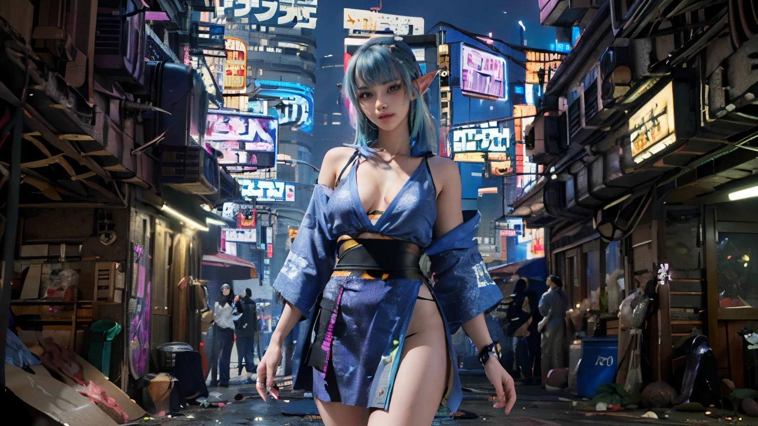 a girl, beauty elf, cool posing, extremely beautiful, strong gaze, whole body shot, shoot from below, (extremely detailed face, closeup, detailed eyes), mischievous smile, cheerful, fair skin, detailed skin, graduation color hair , blunt bangs , perfect figure, seductive body, (beautiful skinny legs, slim thigh ), ((cyberpunk cool kimono style , blue and white cyberpunk kimono clothing, cyberpunk kimono:triangle shaped hole on her chest, thight middle skirt, visible thong straps, (additional future technology gear, neon lighting , glimmer), )), (ultra extremely intricate cool design , detailed description of cyberpunk style), masterpiece, the top quality, ultra detailed, Uncompromising pictures, masterpiece, incredibly Absurdres, Highest quality, Perfect Anatomy, 8k, realistic photo, totally realistic, studio lighting, in the cyberpunk city, glowing lighting, advertisements signs, cyberpunk city background, ((night, night sky)), cyberpunk
