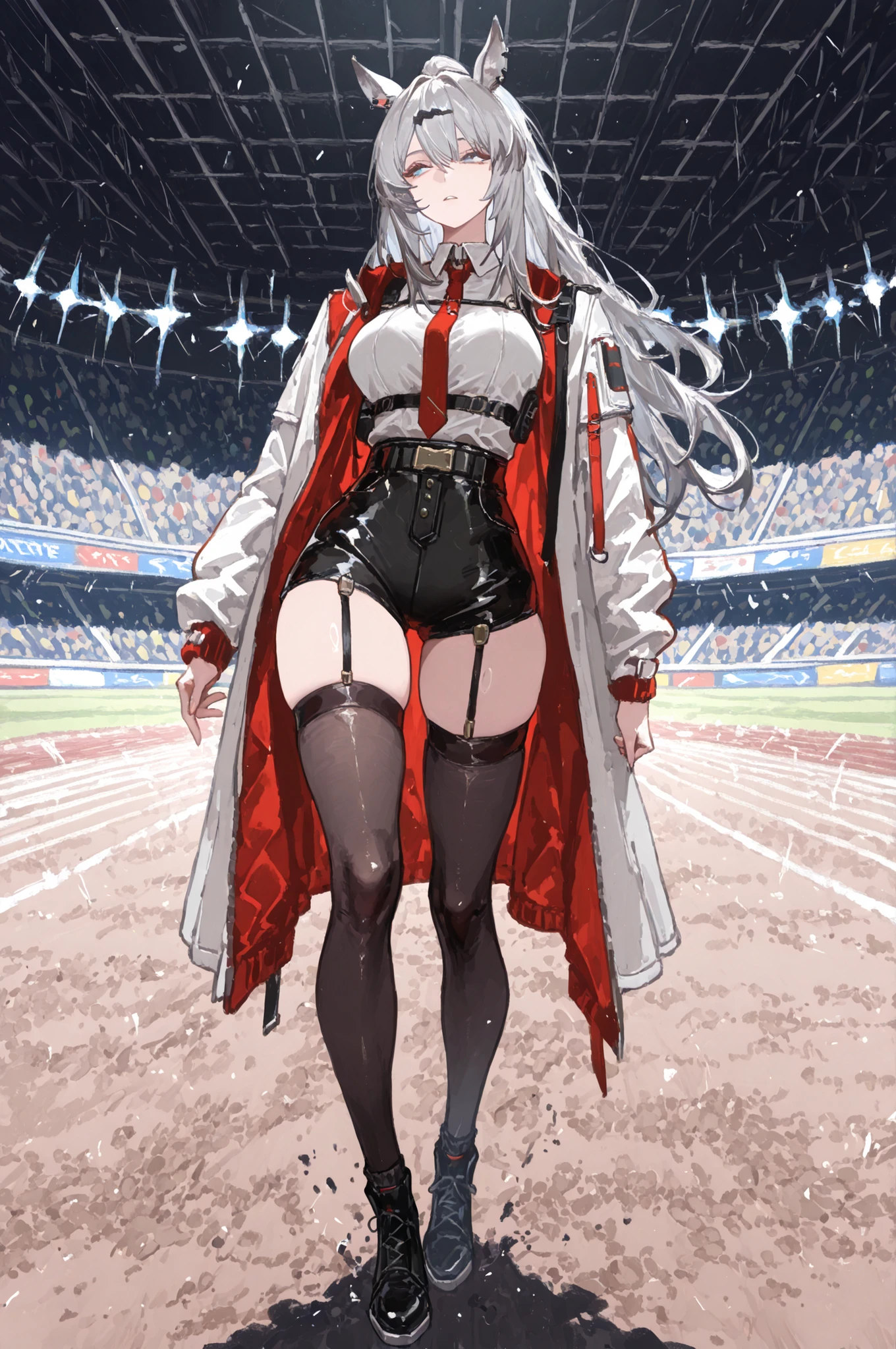 lawn、Racecourse、緑のlawnの上、新緑のlawn、Yee Xuan、collapse Starrail、Racecourse、Uma Musume、horse ear、Jirio Mahonoko、 A sophisticated eye 、Full Body、GBF_style、748cm style、32K、Semi Realistic、  super detailed description on the front 、art work、Original Work、 Detailed Color、 detailed eyes、 detailed face 、Detailed Eyes、detailed eyes、Exquisite eyes, The best傑作、professional job、Beautiful , Lots of Piercings, pop art,, realistic skin, The best, long hair under , blue eyes,    cool look, narrowed her eyes, viewers, Silver Hair、lawn、Racecourse、Turf、Race Course 、dynamic pose 、緑のlawn,Racecourse、lawn、Black Knee Socks、緑のlawn、black hotpants、black hotpants、black tights、lawnの上、frustrated、garter belt、schwarz(Arknights)、Red and white coat 、white two-tone coat