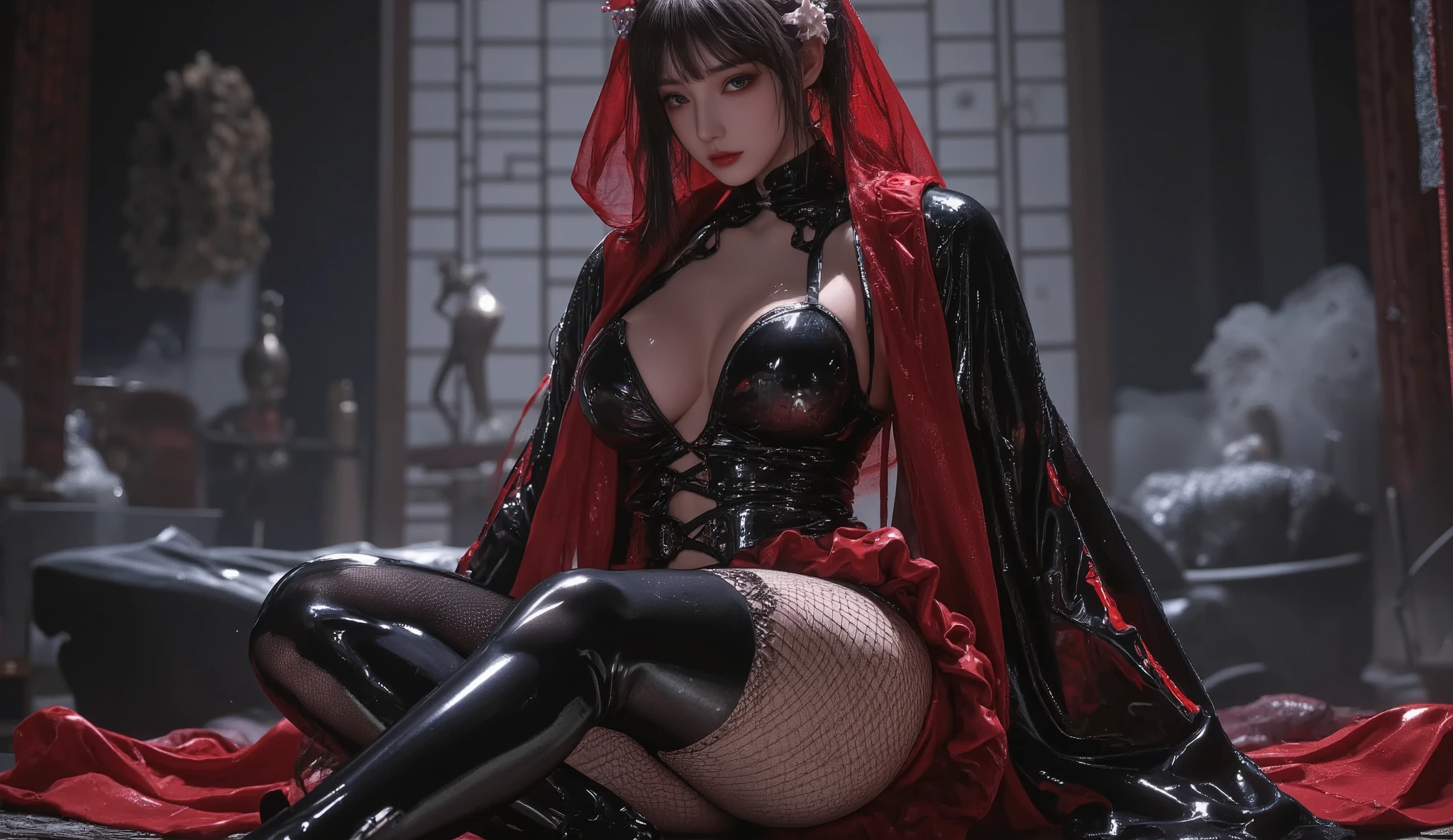 A striking portrait features a solitary kunoichi (female ninja) with a uniquely provocative blend of traditional and modern aesthetics. Her athletic, muscular figure showcases perfect feminine proportions and gleaming skin, while her seductive eyes draw immediate attention. The composition masterfully combines multiple signature elements of her attire:
She wears an innovative fusion of a black latex catsuit and a reverse bunny suit, overlaid with elements of a traditional red and black kimono with hakama. The outfit features intricate red maid-style frills and is accentuated by fishnet stockings and laced-up leggings. Strategic details include pasties and subtle glimpses of breast, navel, and crotch areas that maintain an artistic balance.
The fabric textures are extraordinarily detailed, with every wrinkle and fold capturing and reflecting light to create a hypnotic interplay of gloss and shine. The garments possess an almost liquid-like quality in their reflective properties, emphasizing the character's dynamic presence.
The technical execution demonstrates the highest level of craftsmanship: precise anatomical accuracy, thorough attention to shape and form, and a beautiful detailed glow that enhances the overall composition. The image features high contrast and cinematic lighting that creates intense shadows, while maintaining a kawaii aesthetic. The artwork is rendered in stunning 8K resolution, incorporating multiple intricate layers and displaying a delicate yet impactful compositional balance that makes it perfect for use as a wallpaper.
Every element, from the smallest sketch detail to the broader artistic vision, contributes to a unique and creative illustration that perfectly balances seductive appeal with artistic sophistication,