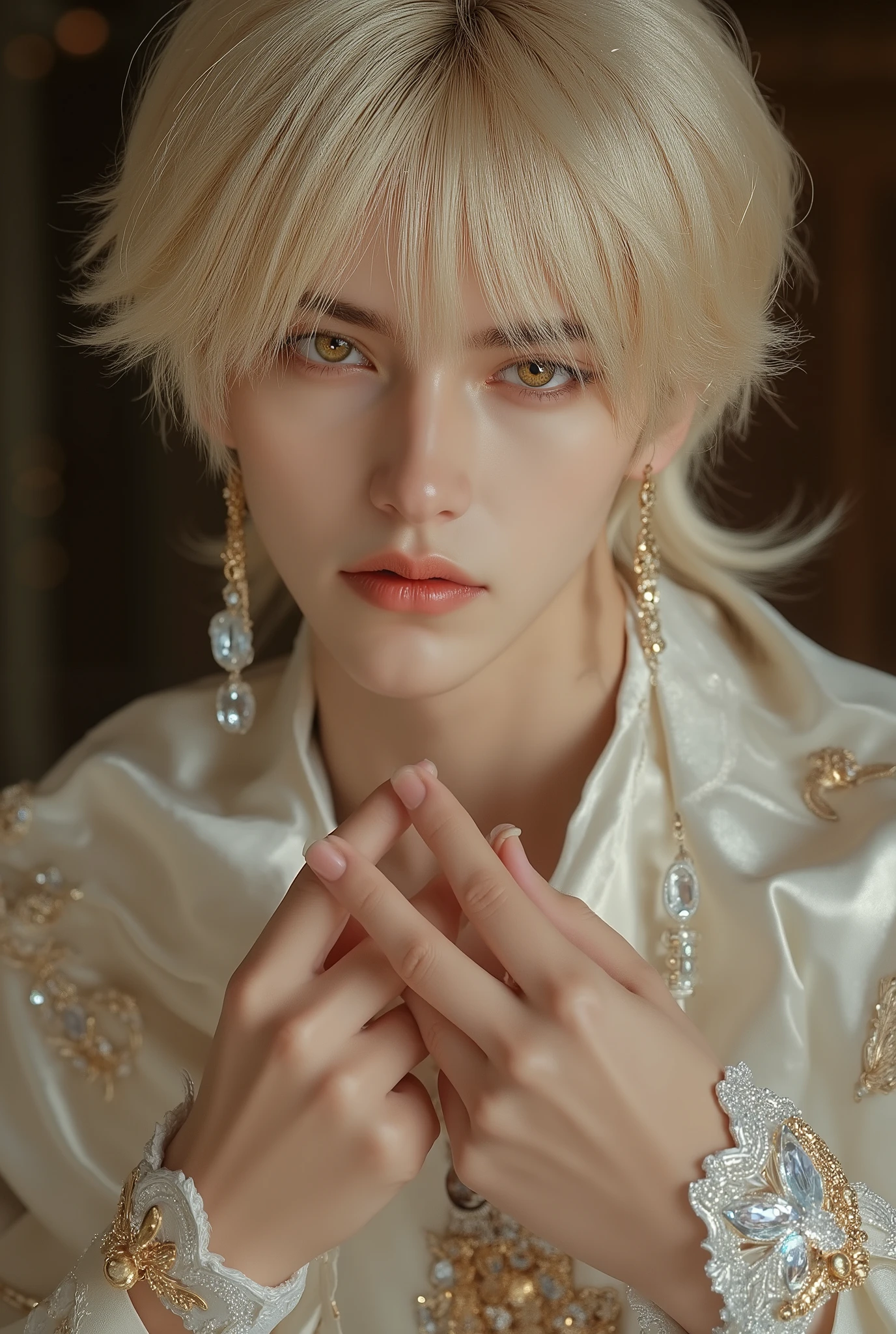 (((with your hands in front of your calves)))Smile Yan、hanging eye、very big, golden eyes、short blonde、Blonde hair with the tips of her hair flowing down the side、Smooth white skin、Clean, Tall Nose、prince's gorgeous fantasy costume、luxury necklace、big gorgeous earrings、つり目のリアルモデル美青年王子のSmile Yan、handsome 1 boy,real fantasy、hkmagic,Ultra fine and precise live action、Realistic Masterpiece、Accurate Hands Naughty 23-Year-Old Prince、Side-swept bangs、 top quality real、medium-length blonde hair swept to theside(Smile Yan)an unrivaled beautiful boy、((with your hands in front of your calves))