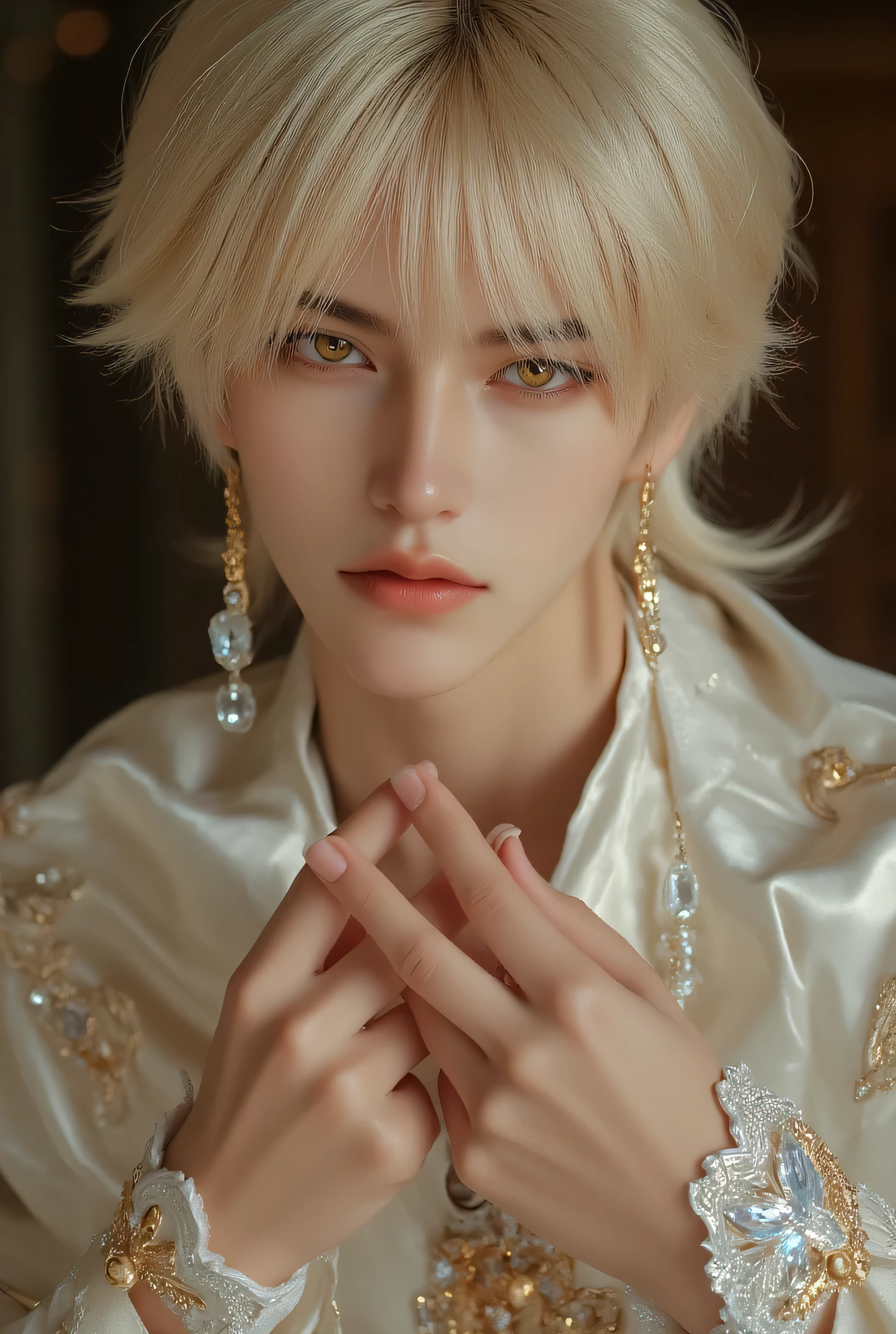 (((with your hands in front of your calves)))Smile Yan、hanging eye、very big, golden eyes、short blonde、Blonde hair with the tips of her hair flowing down the side、Smooth white skin、Clean, Tall Nose、prince's gorgeous fantasy costume、luxury necklace、big gorgeous earrings、つり目のリアルモデル美青年王子のSmile Yan、handsome 1 boy,real fantasy、hkmagic,Ultra fine and precise live action、Realistic Masterpiece、Accurate Hands Naughty 23-Year-Old Prince、Side-swept bangs、 top quality real、medium-length blonde hair swept to theside(Smile Yan)an unrivaled beautiful boy、((with your hands in front of your calves))