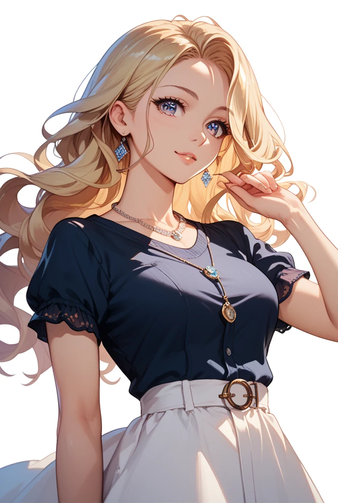 (best quality:1.5, High resolution, Ultra HD, 4K, Detailed lighting, Shaders), (High quality eyes), ( Perfect fingers),  Curly hair, Gradient hair, Large Breasts, Set, Grey shirt, Social shirts, Short skirt, Mature woman , (View), White background, Colored eyeshadow, Dramatic Lighting, Bright Eyes, Emotional expression, Gold earrings, Exquisite  features, soft skin, High cheekbones, city environment, White background, Don't look for the camera, Lean over,  Behind the camera, whole body