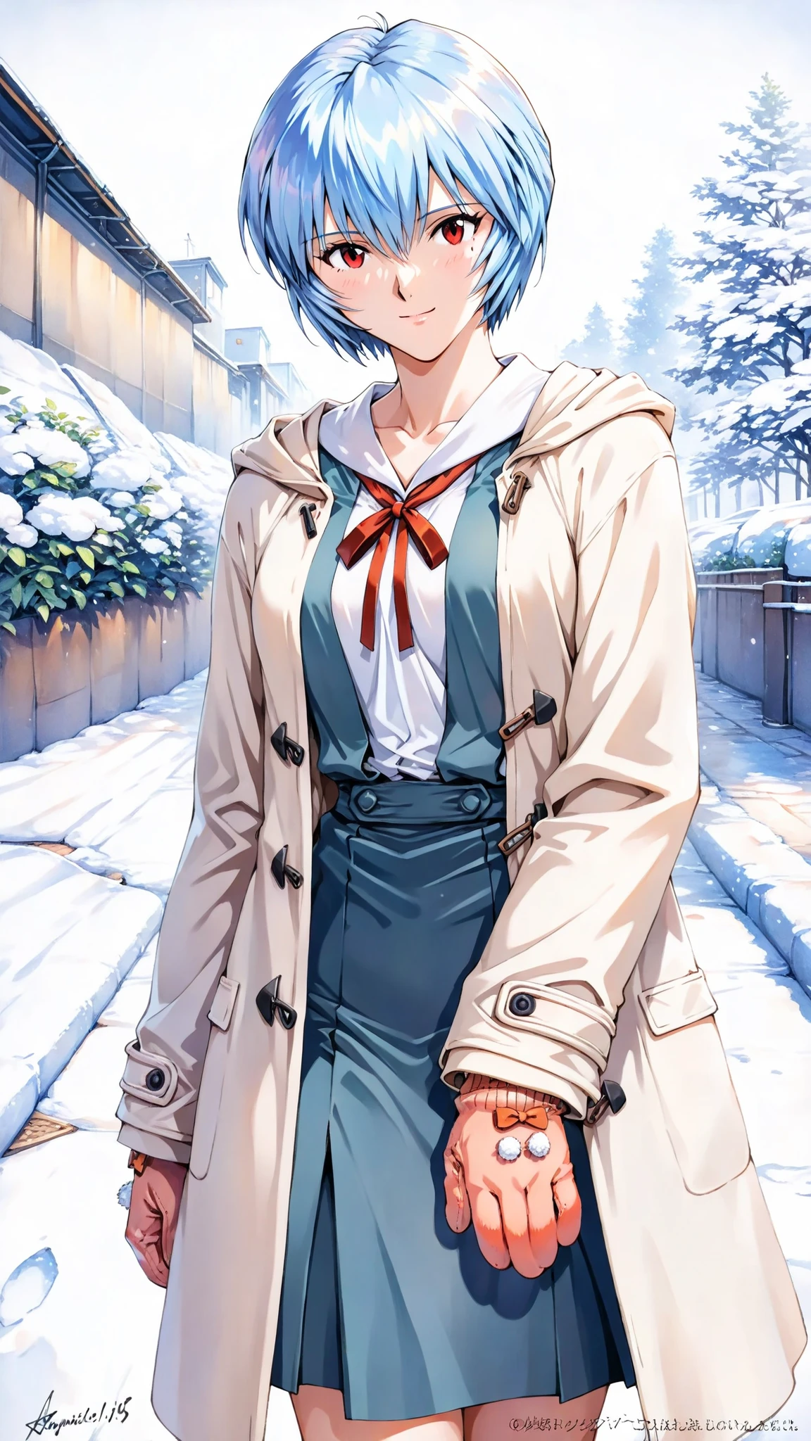 source_evangelion,
個の非常にdetailsな目, perfect eyes, loves feminine, Cowboy Shot,
Highest Quality, details, Newest, AI-generated, super high resolution on a pile,
curvilinear, is anatomically accurate, There is little under-eye, (white coat, Tokyo-3 junior high school uniform, mitten gloves),
standing, Gentle smile。I'll look it up,
(Ayanami Rei from below。blue hair。short hair, Red Eyes, mature woman, solo, medium bust), Snow Scenery 。 Mirror_Hirotaka, watercolor, Impressionism , Auguste Renoir style, Concept Art, high angle。