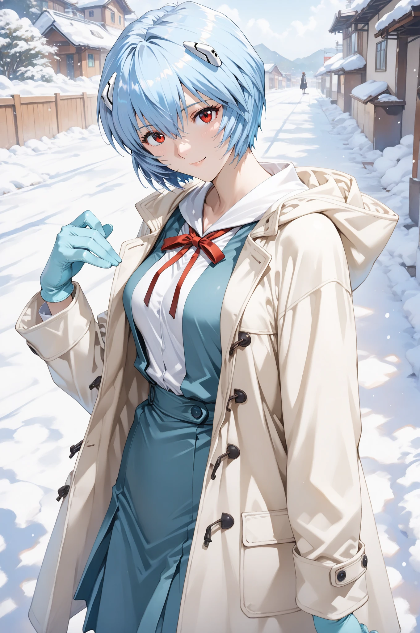 source_evangelion,
個の非常にdetailsな目, perfect eyes, loves feminine, Cowboy Shot,
Highest Quality, details, Newest, AI-generated, super high resolution on a pile,
curvilinear, is anatomically accurate, There is little under-eye, (white coat, Tokyo-3 junior high school uniform, mitten gloves),
standing, Gentle smile。I'll look it up,
(Ayanami Rei from below。blue hair。short hair, Red Eyes, mature woman, solo, medium bust), Snow Scenery 。 Mirror_Hirotaka, watercolor, Impressionism , Auguste Renoir style, Concept Art, high angle。