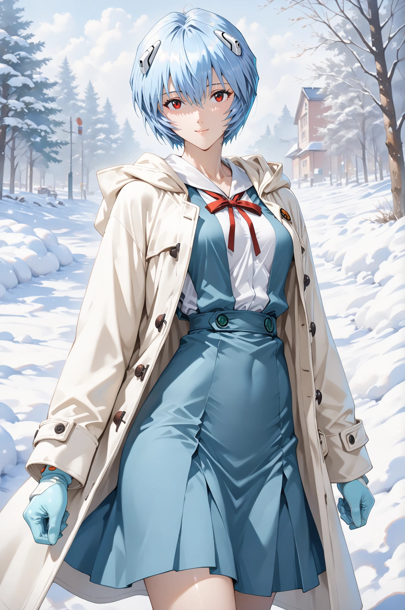 source_evangelion,
個の非常にdetailsな目, perfect eyes, loves feminine, Cowboy Shot,
Highest Quality, details, Newest, AI-generated, super high resolution on a pile,
curvilinear, is anatomically accurate, There is little under-eye, (white coat, Tokyo-3 junior high school uniform, mitten gloves),
standing, Gentle smile。I'll look it up,
(Ayanami Rei from below。blue hair。short hair, Red Eyes, mature woman, solo, medium bust), Snow Scenery 。 Mirror_Hirotaka, watercolor, Impressionism , Auguste Renoir style, Concept Art, high angle。