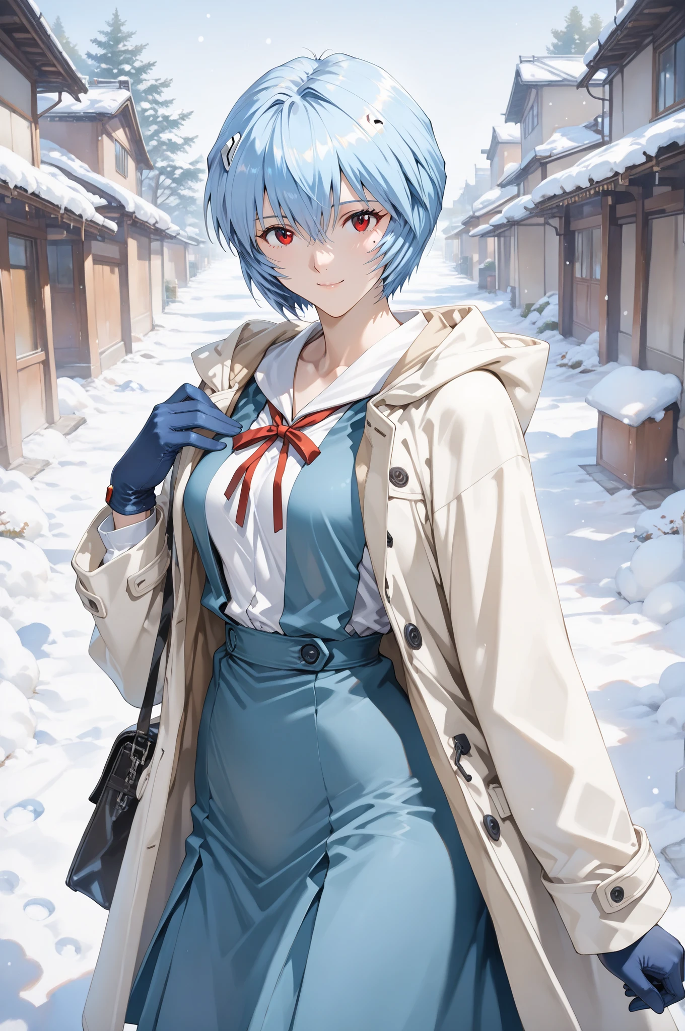 source_evangelion,
個の非常にdetailsな目, perfect eyes, loves feminine, Cowboy Shot,
Highest Quality, details, Newest, AI-generated, super high resolution on a pile,
curvilinear, is anatomically accurate, There is little under-eye, (white coat, Tokyo-3 junior high school uniform, mitten gloves),
standing, Gentle smile。I'll look it up,
(Ayanami Rei from below。blue hair。short hair, Red Eyes, mature woman, solo, medium bust), Snow Scenery 。 Mirror_Hirotaka, watercolor, Impressionism , Auguste Renoir style, Concept Art, high angle。