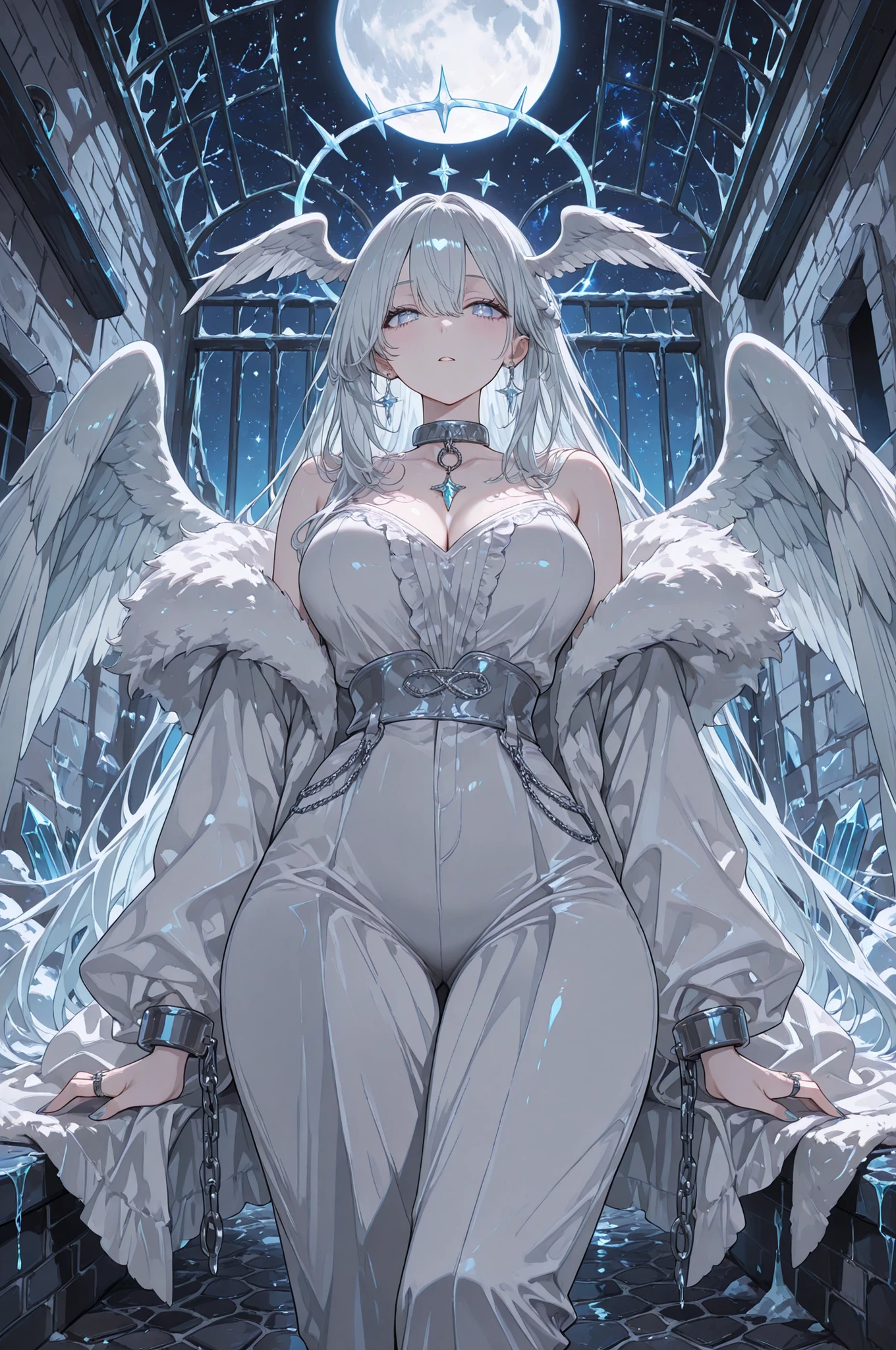 (feathered head wings, silver-white head wings,) The winged woman is angel. She has a mature bodybuilding with big breasts , thin waist and wide hips. She has sparkling white skin. She has fluffy feathered winged ears on her head. She has long diamond manicured claws. She has long white hair combed to one side and part of her long bang over one eye covers half of her face. She has white pearly eyes with starry sparkling star-like pupils. She has two huge mother-of-pearl angelic wings on her back. She has a winged tiara. She has a diamond halo above her head. She is dressed in a white outfit: a silver corset, bell-bottomed pearly white trousers, a silver belt with pendants, and a white short furry arctic fox fur coat. She has a lot of silver jewelry with large diamond earrings,crystal pendants on a silver choker, a bracelet, and rings with diamonds. (On the background: The starry night sky with big moon, in prison cell. a white silver chain, shackles and a collar. The white and silver bars of the prison, of the prison wall lined with black cobblestones, there is snow on the stone windowsill, icicles hang on the ceiling.)