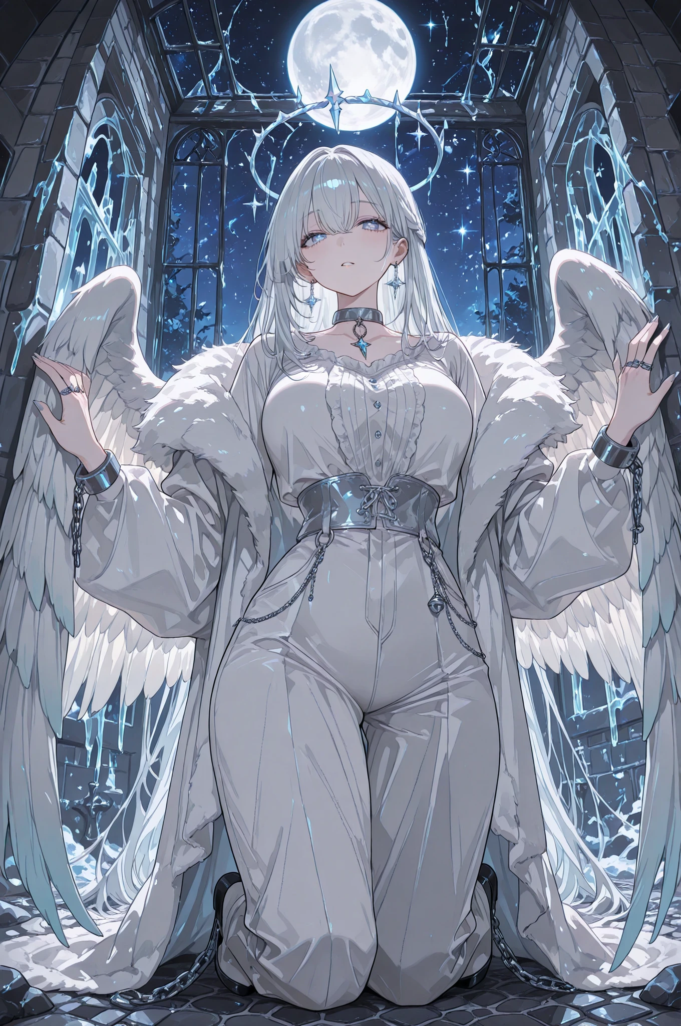 (feathered head wings, silver-white head wings,) The winged woman is angel. She has a mature bodybuilding with big breasts , thin waist and wide hips. She has sparkling white skin. She has fluffy feathered winged ears on her head. She has long diamond manicured claws. She has long white hair combed to one side and part of her long bang over one eye covers half of her face. She has white pearly eyes with starry sparkling star-like pupils. She has two huge mother-of-pearl angelic wings on her back. She has a winged tiara. She has a diamond halo above her head. She is dressed in a white outfit: a silver corset, bell-bottomed pearly white trousers, a silver belt with pendants, and a white short furry arctic fox fur coat. She has a lot of silver jewelry with large diamond earrings,crystal pendants on a silver choker, a bracelet, and rings with diamonds. (On the background: The starry night sky with big moon, in prison cell. a white silver chain, shackles and a collar. The white and silver bars of the prison, of the prison wall lined with black cobblestones, there is snow on the stone windowsill, icicles hang on the ceiling.)