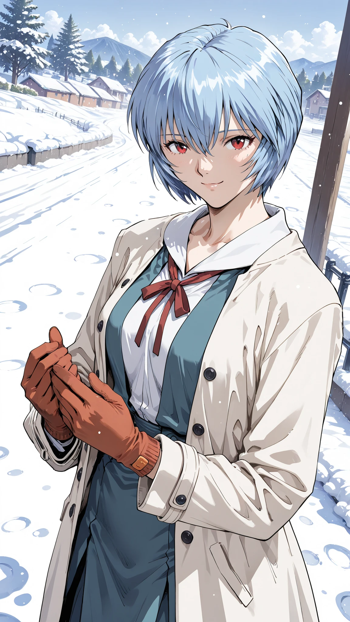 source_evangelion,
個の非常にdetailsな目, perfect eyes, loves feminine, Cowboy Shot,
Highest Quality, details, Newest, AI-generated, super high resolution on a pile,
curvilinear, is anatomically accurate, There is little under-eye, (white coat, Tokyo-3 junior high school uniform, mitten gloves),
standing, Gentle smile。I'll look it up,
(Ayanami Rei from below。blue hair。short hair, Red Eyes, mature woman, solo, medium bust), Snow Scenery 。 Mirror_Hirotaka, watercolor, Impressionism , Auguste Renoir style, Concept Art, high angle。