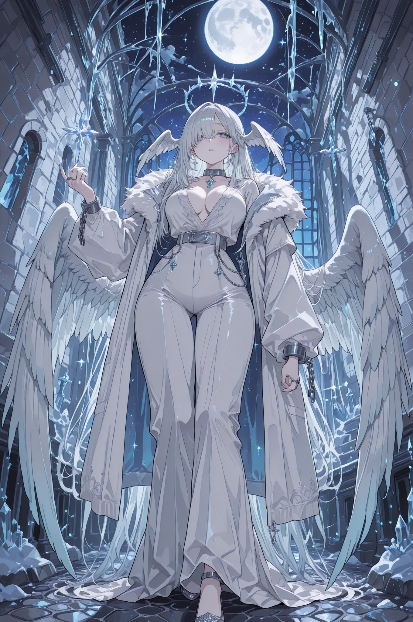 (portrait, close-up focus on face) (feathered head wings, silver-white head wings,) The winged woman is angel. She has a mature bodybuilding with big breasts , thin waist and wide hips. She has sparkling white skin. She has fluffy feathered winged ears on her head. She has long diamond manicured claws. She has long white hair combed to one side and part of her long bang over one eye covers half of her face. She has white pearly eyes with starry sparkling star-like pupils. She has two huge mother-of-pearl angelic wings on her back. She has a winged tiara. She has a diamond halo above her head. She is dressed in a white outfit: a silver corset, bell-bottomed pearly white trousers, a silver belt with pendants, and a white short furry arctic fox fur coat. She has a lot of silver jewelry with large diamond earrings,crystal pendants on a silver choker, a bracelet, and rings with diamonds. (On the background: The starry night sky with big moon, in prison cell. a white silver chain, shackles and a collar. The white and silver bars of the prison, of the prison wall lined with black cobblestones, there is snow on the stone windowsill, icicles hang on the ceiling.)