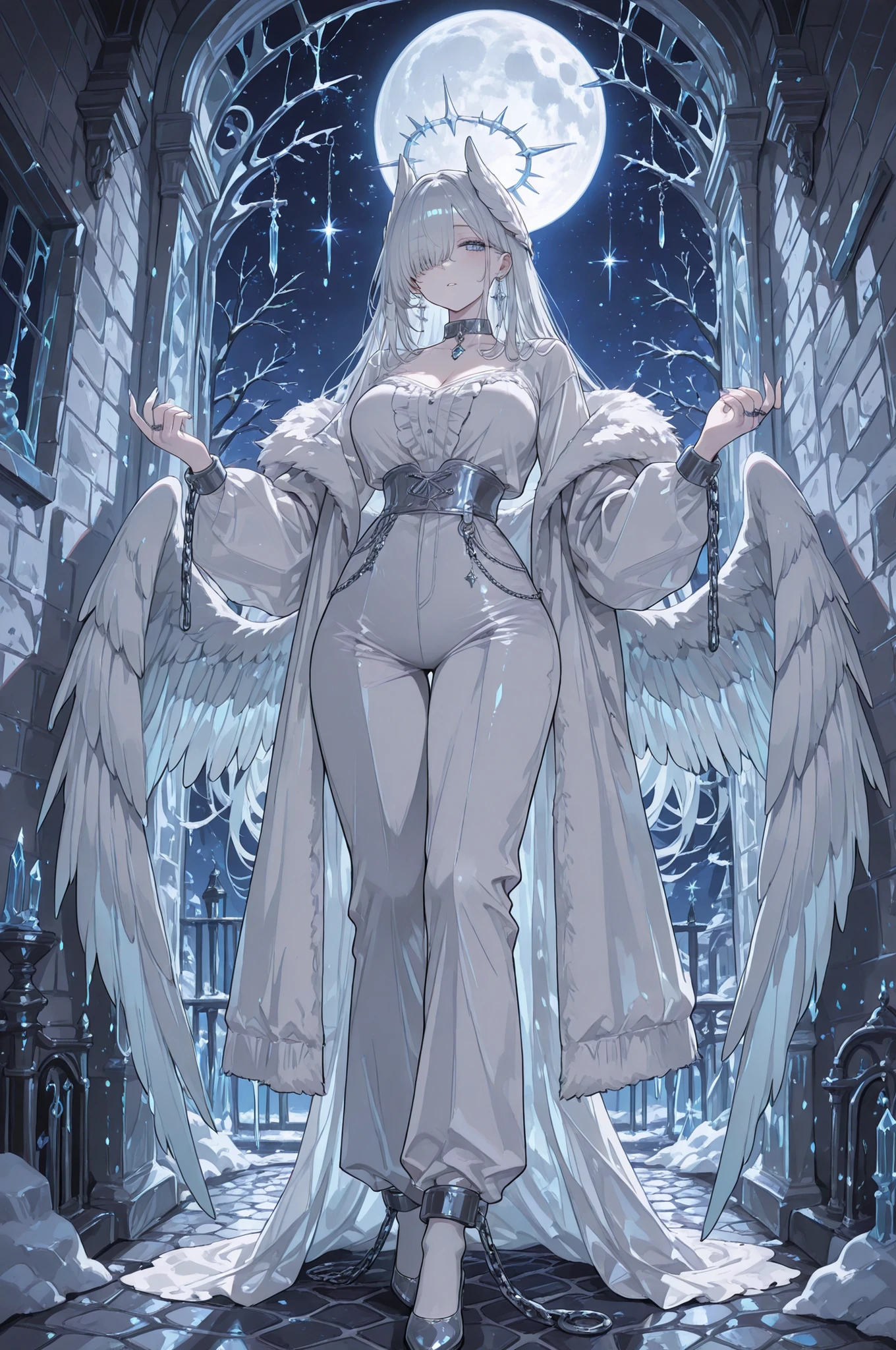 (portrait, close-up focus on face) (feathered head wings, silver-white head wings,) The winged woman is angel. She has a mature bodybuilding with big breasts , thin waist and wide hips. She has sparkling white skin. She has fluffy feathered winged ears on her head. She has long diamond manicured claws. She has long white hair combed to one side and part of her long bang over one eye covers half of her face. She has white pearly eyes with starry sparkling star-like pupils. She has two huge mother-of-pearl angelic wings on her back. She has a winged tiara. She has a diamond halo above her head. She is dressed in a white outfit: a silver corset, bell-bottomed pearly white trousers, a silver belt with pendants, and a white short furry arctic fox fur coat. She has a lot of silver jewelry with large diamond earrings,crystal pendants on a silver choker, a bracelet, and rings with diamonds. (On the background: The starry night sky with big moon, in prison cell. a white silver chain, shackles and a collar. The white and silver bars of the prison, of the prison wall lined with black cobblestones, there is snow on the stone windowsill, icicles hang on the ceiling.)