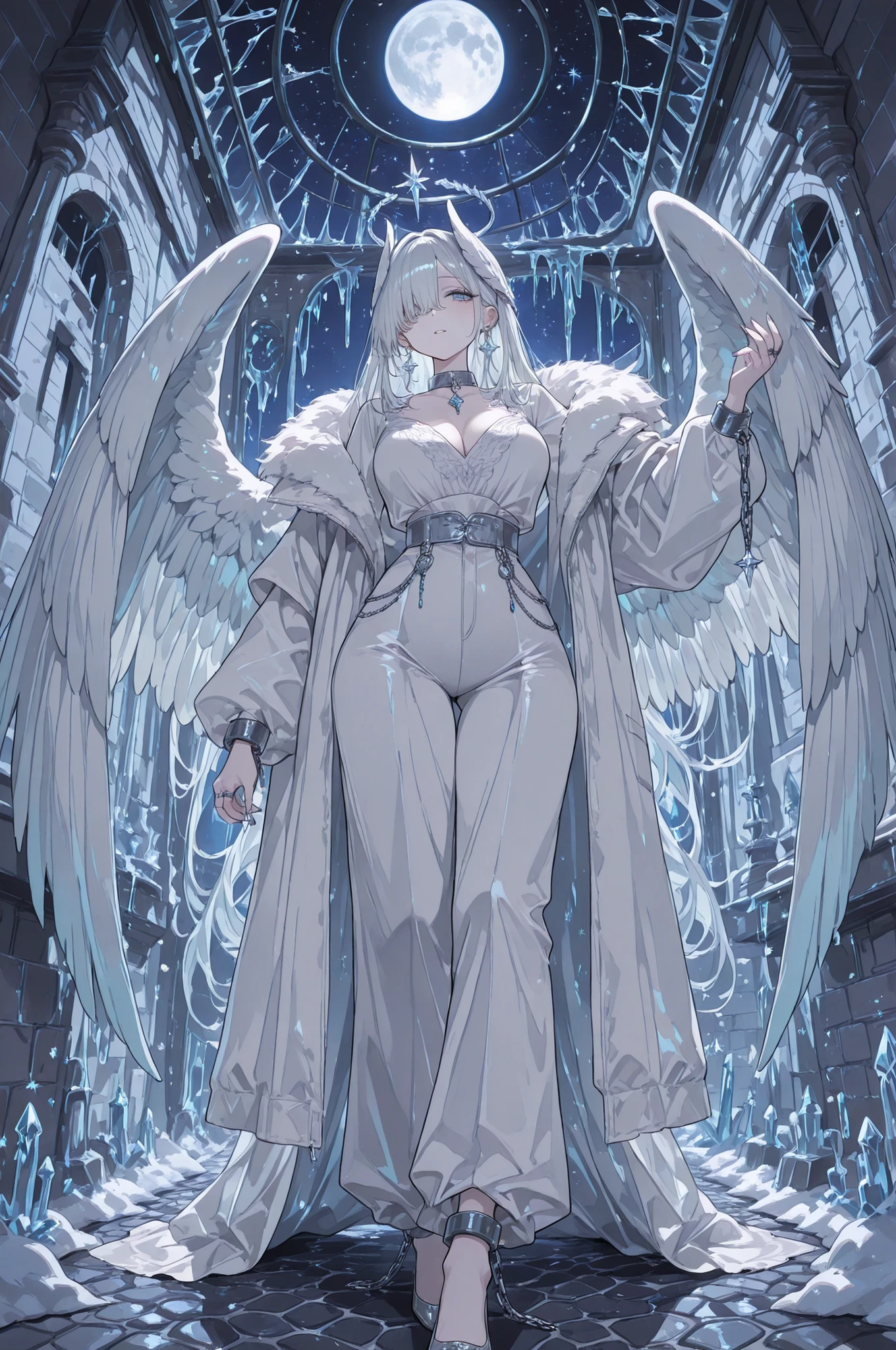 (portrait, close-up focus on face) (feathered head wings, silver-white head wings,) The winged woman is angel. She has a mature bodybuilding with big breasts , thin waist and wide hips. She has sparkling white skin. She has fluffy feathered winged ears on her head. She has long diamond manicured claws. She has long white hair combed to one side and part of her long bang over one eye covers half of her face. She has white pearly eyes with starry sparkling star-like pupils. She has two huge mother-of-pearl angelic wings on her back. She has a winged tiara. She has a diamond halo above her head. She is dressed in a white outfit: a silver corset, bell-bottomed pearly white trousers, a silver belt with pendants, and a white short furry arctic fox fur coat. She has a lot of silver jewelry with large diamond earrings,crystal pendants on a silver choker, a bracelet, and rings with diamonds. (On the background: The starry night sky with big moon, in prison cell. a white silver chain, shackles and a collar. The white and silver bars of the prison, of the prison wall lined with black cobblestones, there is snow on the stone windowsill, icicles hang on the ceiling.)