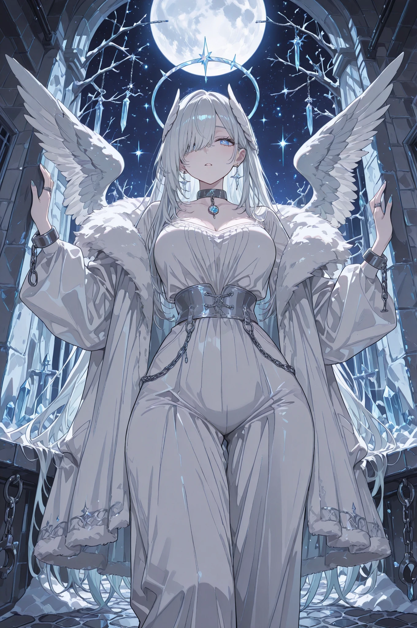 (portrait, close-up focus on face) (feathered head wings, silver-white head wings,) The winged woman is angel. She has a mature bodybuilding with big breasts , thin waist and wide hips. She has sparkling white skin. She has fluffy feathered winged ears on her head. She has long diamond manicured claws. She has long white hair combed to one side and part of her long bang over one eye covers half of her face. She has white pearly eyes with starry sparkling star-like pupils. She has two huge mother-of-pearl angelic wings on her back. She has a winged tiara. She has a diamond halo above her head. She is dressed in a white outfit: a silver corset, bell-bottomed pearly white trousers, a silver belt with pendants, and a white short furry arctic fox fur coat. She has a lot of silver jewelry with large diamond earrings,crystal pendants on a silver choker, a bracelet, and rings with diamonds. (On the background: The starry night sky with big moon, in prison cell. a white silver chain, shackles and a collar. The white and silver bars of the prison, of the prison wall lined with black cobblestones, there is snow on the stone windowsill, icicles hang on the ceiling.)