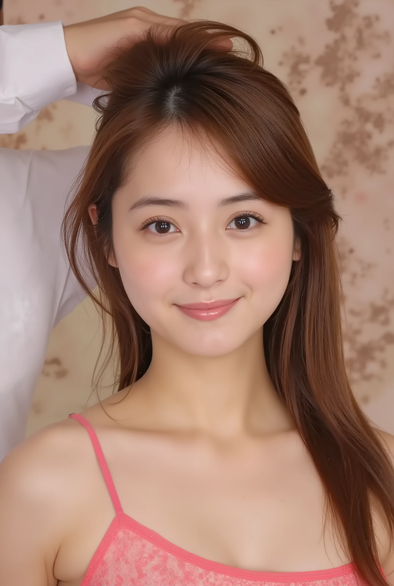 Editorial photos of female bodies), (Highly detailed face:1.4) Standing, (The perfect young Japanese beauty, a man Standing behind a girl, A man fucks his girlfriend from behind, Perfect body, so beautiful, Sexy waist, Long legs, Sexy pose, Sex、Girl with perfect figure、Her face and eyes are very narrow、Brothel、Caramel Hair、Bright and long hair、naked、Big Breasts、The navel is visible、Exposed underbelly、Sexy hip bone、Beautiful Hip Bone Skin、Exposed hip bone、Lower abdomen exposed、Tight waist、Slender body、Firm lower abdomen、Detailed skin of lower abdomen、Detailed skin above the pubic bone、Huge boobs,A man hides his girlfriend's nipples、Her hands are above her head、Small nipples