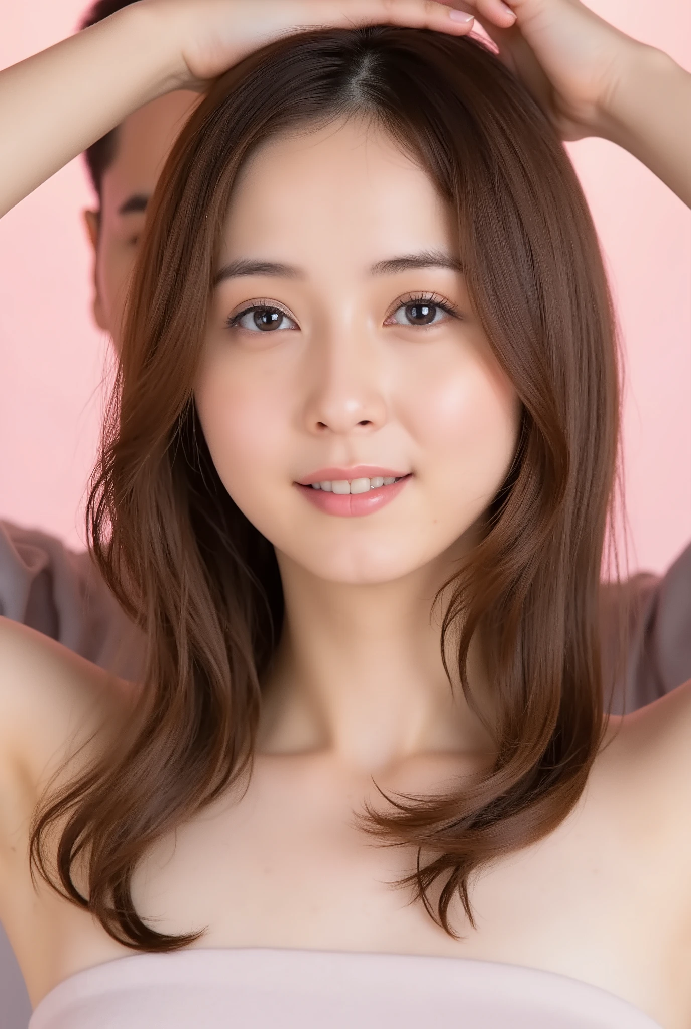 Editorial photos of female bodies), (Highly detailed face:1.4) Standing, (The perfect young Japanese beauty, a man Standing behind a girl, A man fucks his girlfriend from behind, Perfect body, so beautiful, Sexy waist, Long legs, Sexy pose, Sex、Girl with perfect figure、Her face and eyes are very narrow、Brothel、Caramel Hair、Bright and long hair、naked、Big Breasts、The navel is visible、Exposed underbelly、Sexy hip bone、Beautiful Hip Bone Skin、Exposed hip bone、Lower abdomen exposed、Tight waist、Slender body、Firm lower abdomen、Detailed skin of lower abdomen、Detailed skin above the pubic bone、Huge boobs,A man hides his girlfriend's nipples、Her hands are above her head、Small nipples