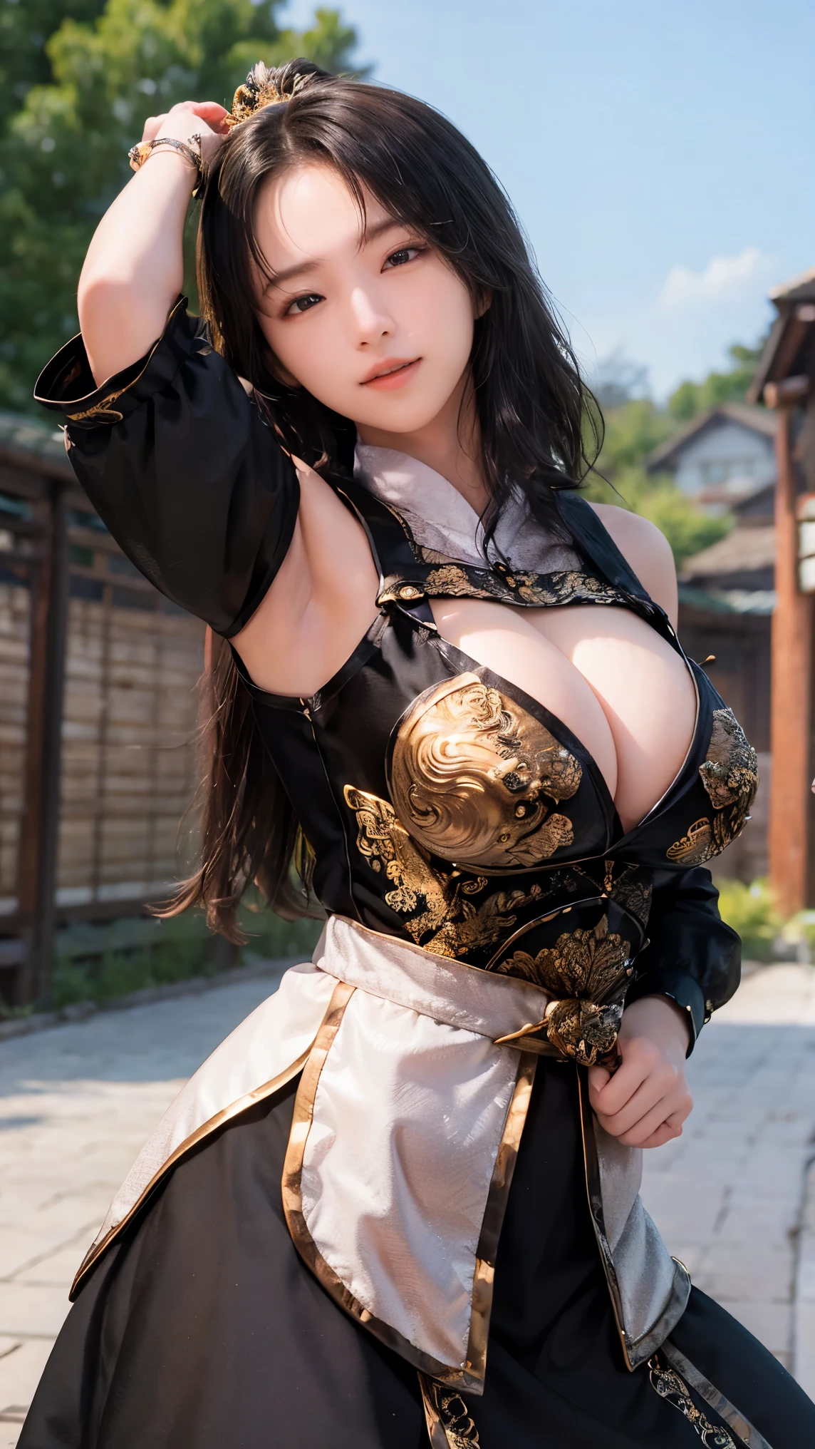 Cowboy Shot、Highest Quality, Ultra High Def 、 beautiful beautiful woman 、simple background、smile、8k、perfection, shiny skin, Pose , beautiful models in an old village, armpit, Art , Ancient Chinese Breastplate, cute face , young woman with her hands crotched、black hair、 両armpitでキラキラと光る, adipose muscle、clean skin、 white skin, Highest Quality, very detailed, fine, Nothing, 8K electronic wallpaper , beautiful in every detail,, Light brown, perfectionなダイナミックコンポジション, Beautifully Detailed, detailed hair for a calm face , Detailed Realistic Skin Texture, smile,