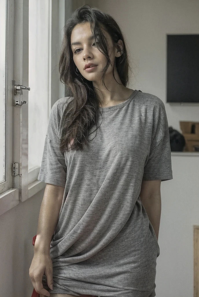 Beautiful Yania standing front of  glass on window in her bedroom wearing Casual chlothes and long big white sleep,
Taken Canon RP, Sigma 35mm 1.4
www.instagram.com/obiektyvvny