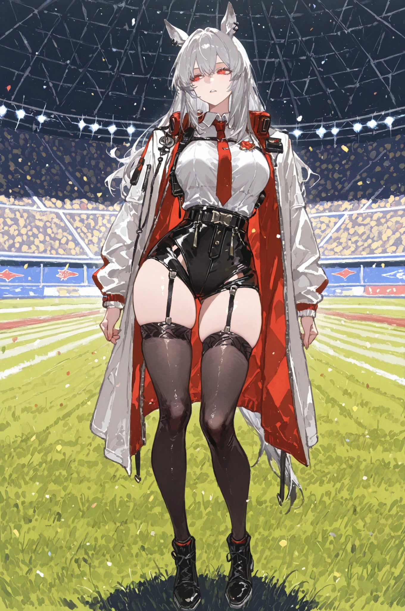 lawn、Racecourse、緑のlawnの上、新緑のlawn、Yee Xuan、collapse Starrail、Racecourse、Uma Musume、horse ear、Jirio Mahonoko、 A sophisticated eye 、Full Body、GBF_style、748cm style、32K、Semi Realistic、  super detailed description on the front 、art work、Original Work、 Detailed Color、 detailed eyes、 detailed face 、Detailed Eyes、detailed eyes、Exquisite eyes, The best傑作、professional job、Beautiful , Lots of Piercings, pop art,, realistic skin, The best, long hair under underwear,Red Eye,    cool look, narrowed her eyes, viewers, Silver Hair、lawn、Racecourse、Turf、Race Course 、dynamic pose 、緑のlawn,Racecourse、lawn、Black Knee Socks、緑のlawn、black hotpants、black hotpants、black tights、lawnの上、frustrated、garter belt、schwarz(Arknights)、Red and white coat 、white two-tone coat