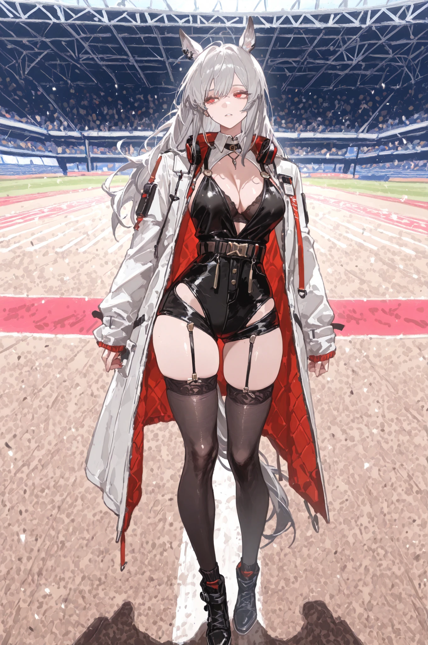 lawn、Racecourse、緑のlawnの上、新緑のlawn、Yee Xuan、collapse Starrail、Racecourse、Uma Musume、horse ear、Jirio Mahonoko、 A sophisticated eye 、Full Body、GBF_style、748cm style、32K、Semi Realistic、  super detailed description on the front 、art work、Original Work、 Detailed Color、 detailed eyes、 detailed face 、Detailed Eyes、detailed eyes、Exquisite eyes, The best傑作、professional job、Beautiful , Lots of Piercings, pop art,, realistic skin, The best, long hair under underwear,Red Eye,    cool look, narrowed her eyes, viewers, Silver Hair、lawn、Racecourse、Turf、Race Course 、dynamic pose 、緑のlawn,Racecourse、lawn、Black Knee Socks、緑のlawn、black hotpants、black hotpants、black tights、lawnの上、frustrated、garter belt、schwarz(Arknights)、Red and white coat 、white two-tone coat