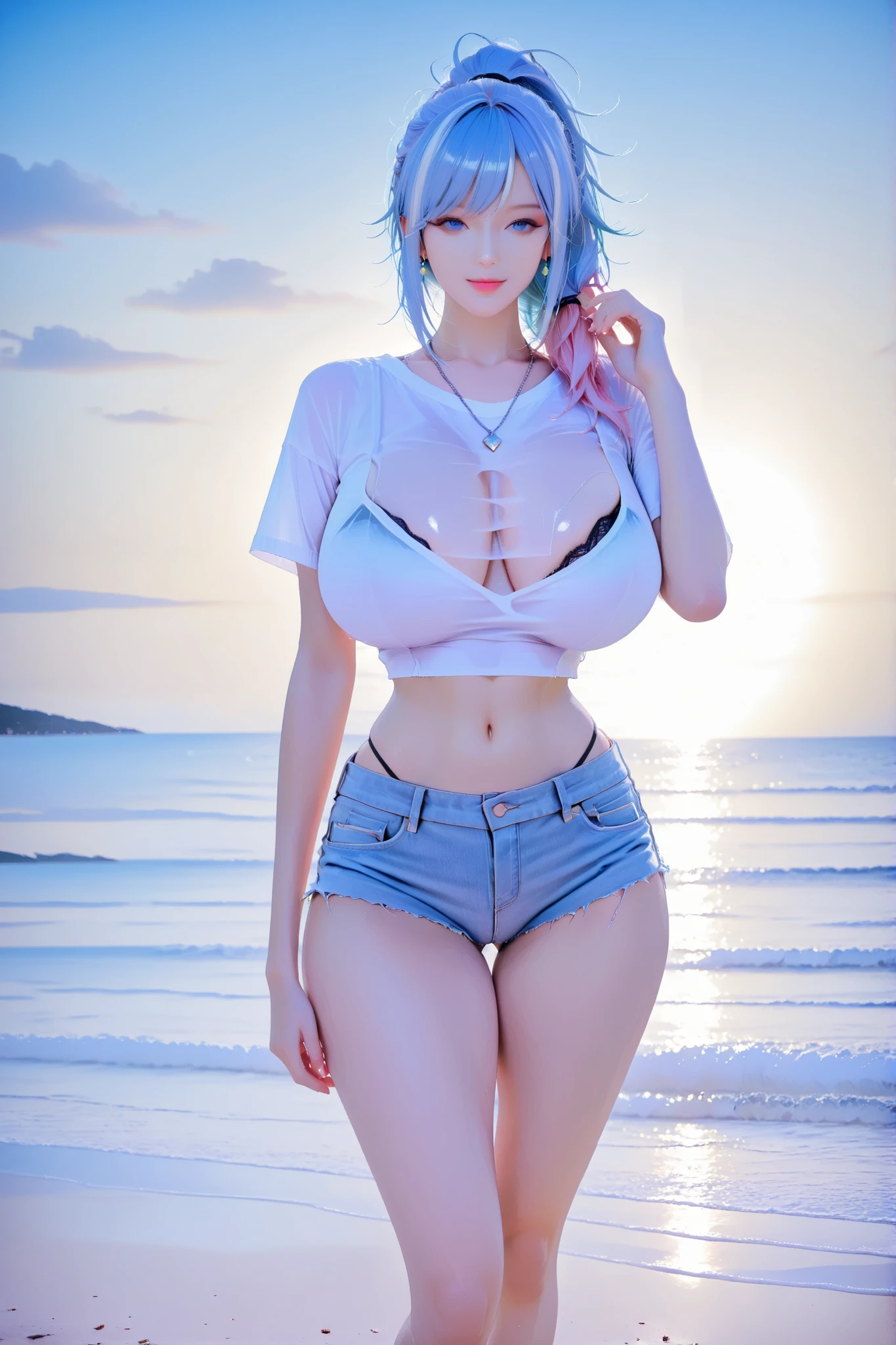 The two-tone haired woman had light blue hair, pink hair tips and blue eyes, and wore a white sexy tight-waist T-shirt.,Short jeans almost see butt cheeks , under the t-shirt see a black lace bra, Diamond Earrings ,  Diamond Necklace , on the beach, by the sea, Hair tie,ponytail,Horse hair ,Big Boobs,หน้าhuge breasts ,  huge breasts, Perfect chest , A perfectly round chest,Nice body , small waist ,Vh ,big hips , Slim legs , Big Butt ,Show navel  , proportions, perfect figure , eyeshadow  ,  on the beach, by the sea, Anime Style. 8k, realistic 3d anime picture, Anime Styled 3d,  Realistic art style , realistic art style, Chic poses, clothes with reality, Inspired by Sim Sajong,  Popular on cgstation , Realistic art style , Realistic 3D character,  3D anime realistic ,Dynamic angle,looking at the viewer,looking straight ahead