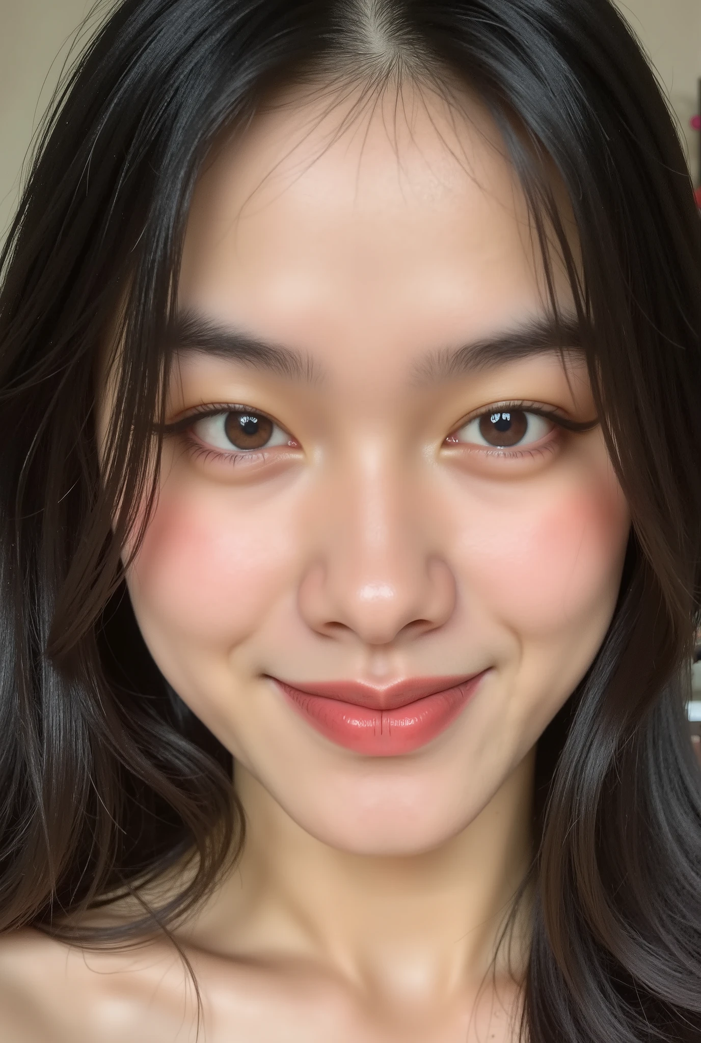 Profile photo S+R closeup beautiful asian woman face with smile confidence , hyper detail texture skin , smiling confidence showing teeth