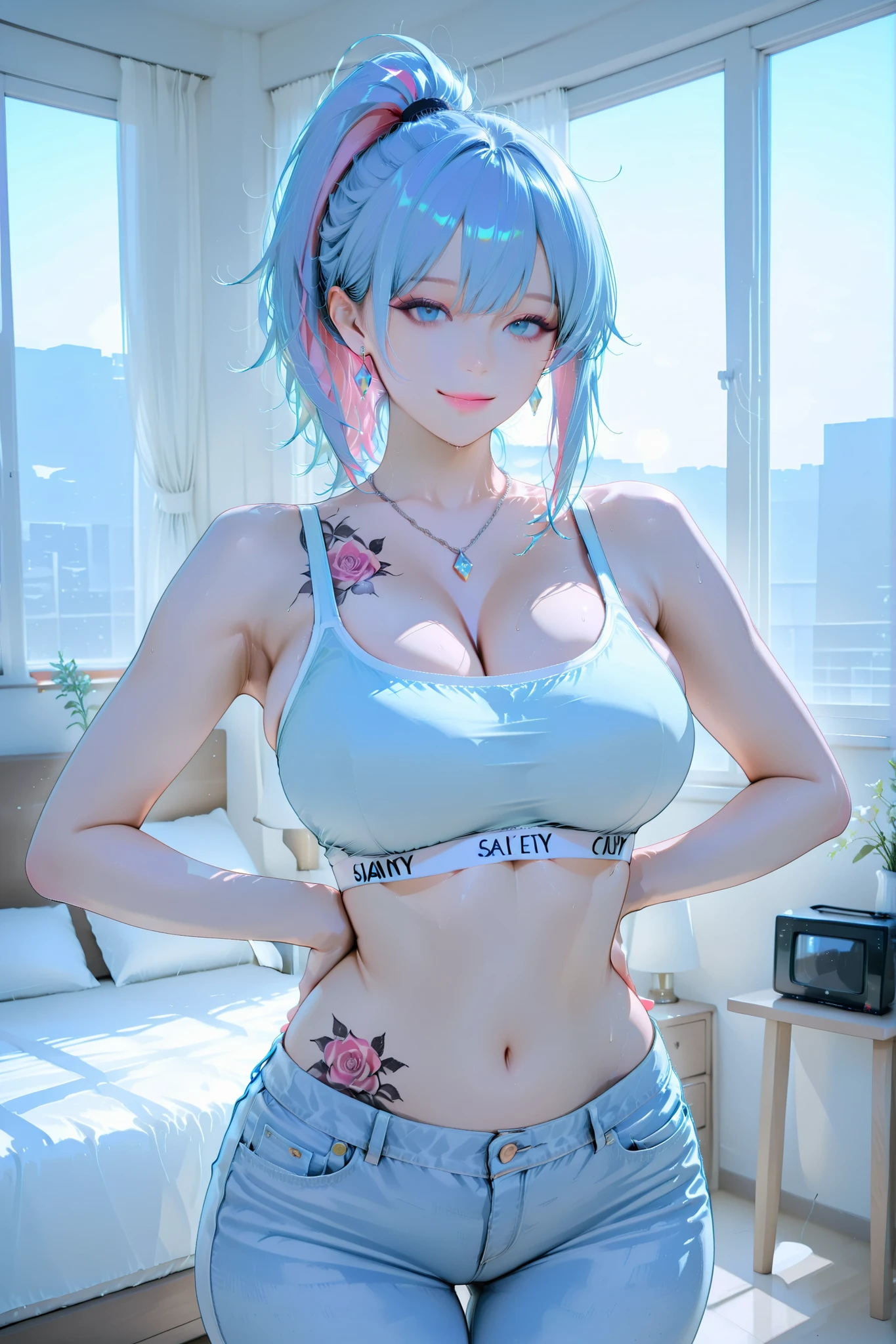 1 sexy girl , ( Two hair colors , Light Blue Hair Pink Hair ), Blue eyes , Complete eyes , Eyeshadow , bedroom jeans shorts in white tones with window, big breasts , ขนาดbig breasts , Beautiful round chest , Perfect chest , Complete body , Body proportions , perfect figure , big hips , Big Butt ,Showing slender legs , Perfect skin ,Hair tie ,ponytail , for ponytail , Diamond Earrings, Diamond Necklace , Wear a white tight-fitting floating sports bra , Tight jeans , navel , (( body tattoo , Hip tattoo , Tattoos under the bust )) , looking at the viewer,Look in front ,Make a sexy pose