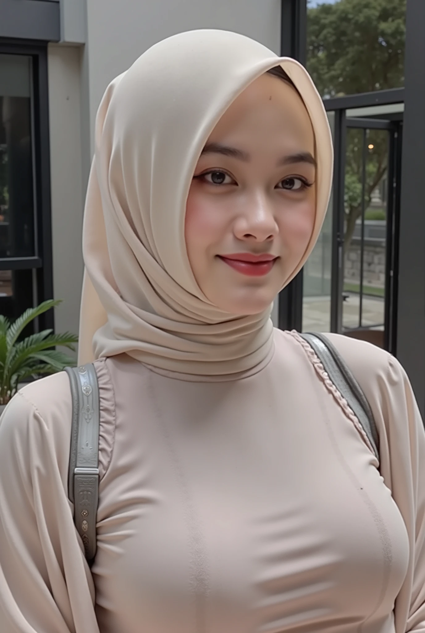 hyper HD, Masterpiece, Textured skin, 4K, Best quality of potrait a Beautiful hijab asian woman white fairy skin wearing dress , close-up half body , perfect hijab, detail veil , no hair visible, hyper realistic scarf and ornate on her side big back head hijab on likely hijab bun style , happy vibes, beauty smile open mouth showing teeth , smiling confident , huge breast , perfect hands , auto correct detail fingers.