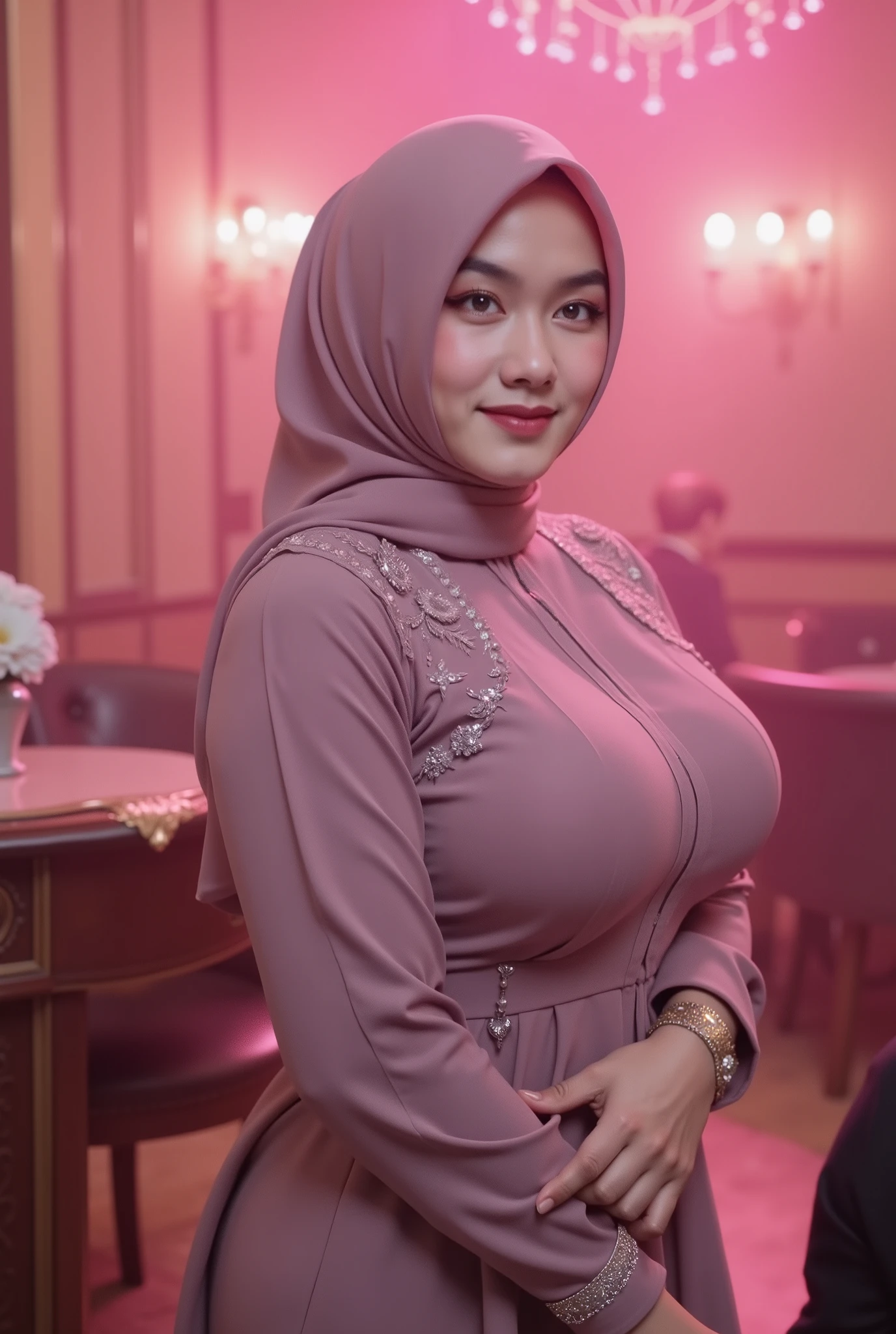 hyper HD, Masterpiece, Textured skin, 4K, Best quality of potrait a Beautiful hijab asian woman white fairy skin wearing dress , close-up half body , perfect hijab, detail veil , no hair visible, hyper realistic scarf and ornate on her side big back head hijab on likely hijab bun style , happy vibes, beauty smile open mouth showing teeth , smiling confident , huge breast , perfect hands , auto correct detail fingers.