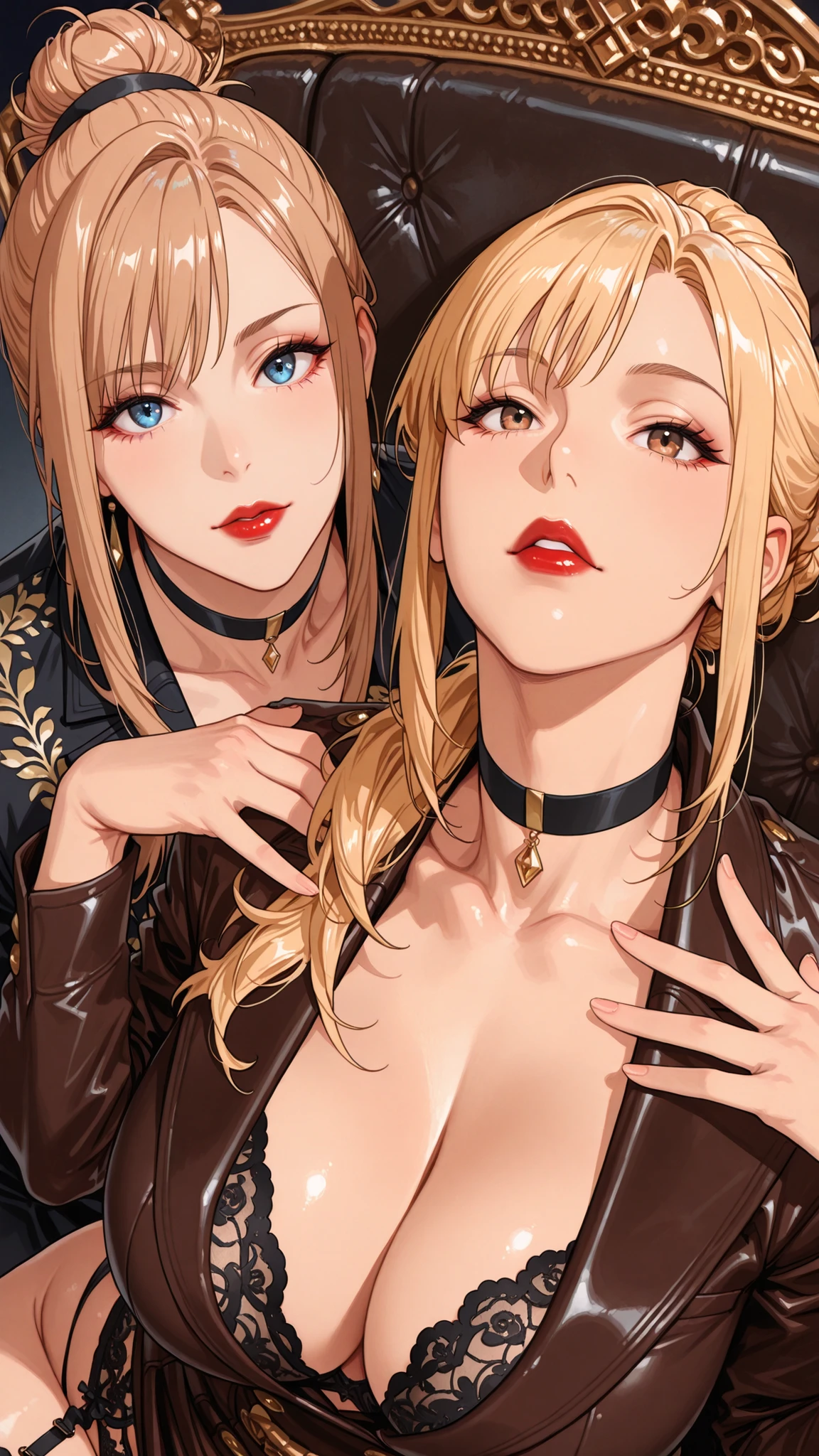 Group of 4 tall high school students wearing black leather designer bags, Proper Configuration,beautiful illustration, (masterpiece, details:1.2), Maoricus,score_9, score_8_up, score_7_up, score_6_up, score_5_up, Black Lace Underwear,elegant gold embroidery、 white thighs, garter a pasture at night, Queen Morimoto , 1girl, mature woman, blond hair, single hair bun, long hair under , black choker, blue eyes, red lips, close-up, Perfect Composition , super quality, 8k, super quality, Beautiful Japanese Woman, 表情のclose-up, details eyes, careful brown irises, Clear Brown Eyes , high definition, small breasted, upper body angle, 5 Anatomically Correct Fingers, anatomically correct ratio :1.331, Tiny Head :1.331, details skin, details face, dynamic pose, The viewer looks up at her, seated on an ancient throne。