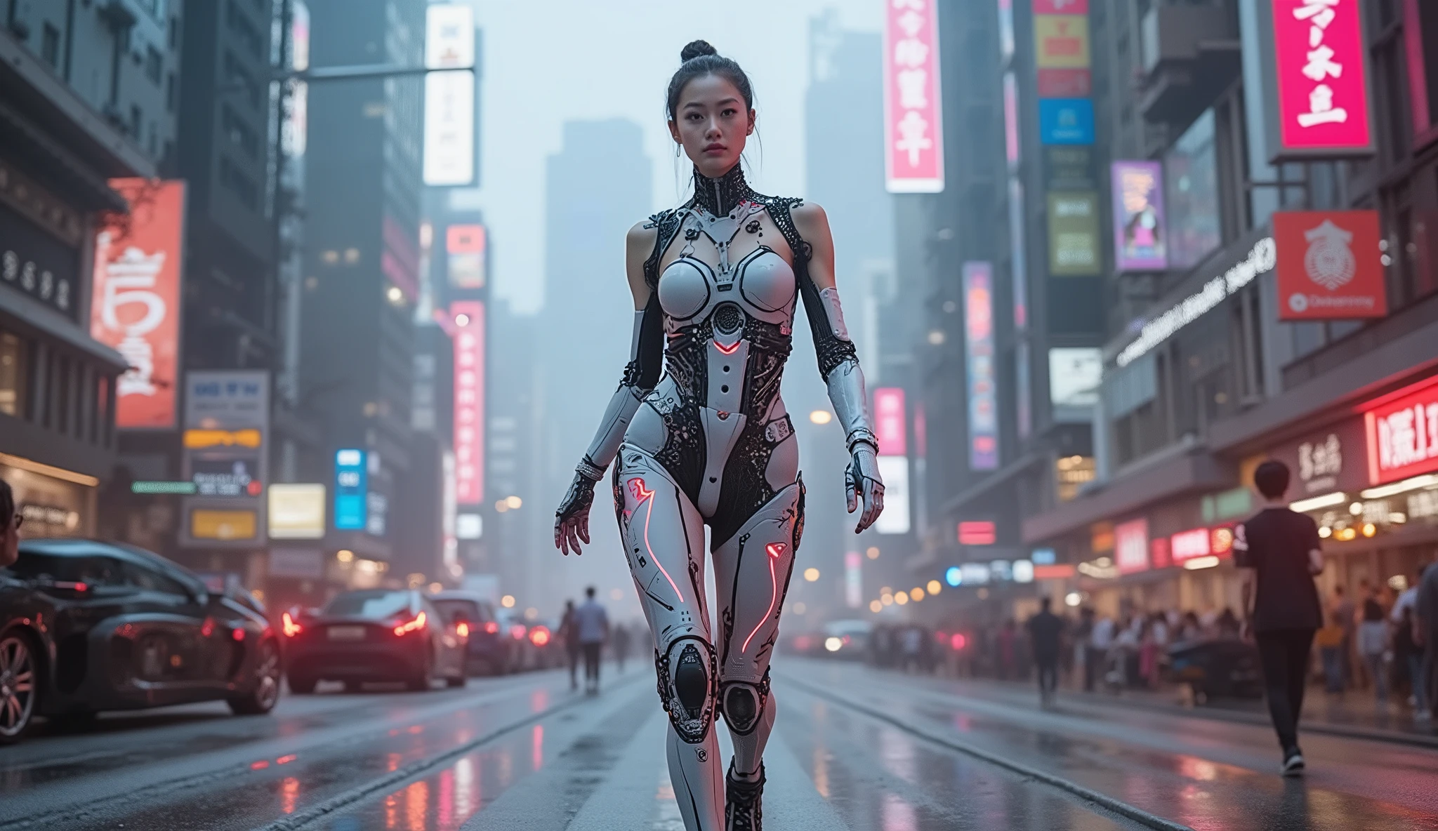 cyborg girl walk on the futuristic neon street